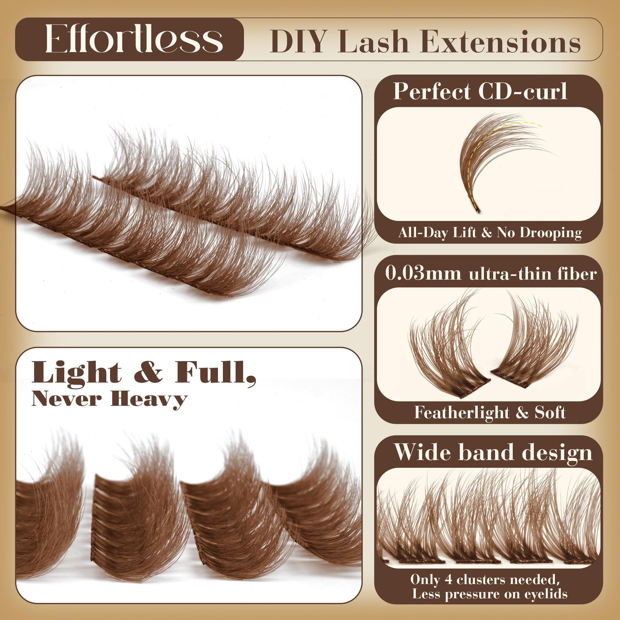 Braune Wimpern-Cluster, flauschige Wimpernbügel, 10–16 mm, 5D, DIY-Wimpern-Cluster, D-Curl, Wispy-Cluster-Wimpernverlängerungen, natürliches Volumen, einzelne Wimpernverlängerungen mit ultradünnem