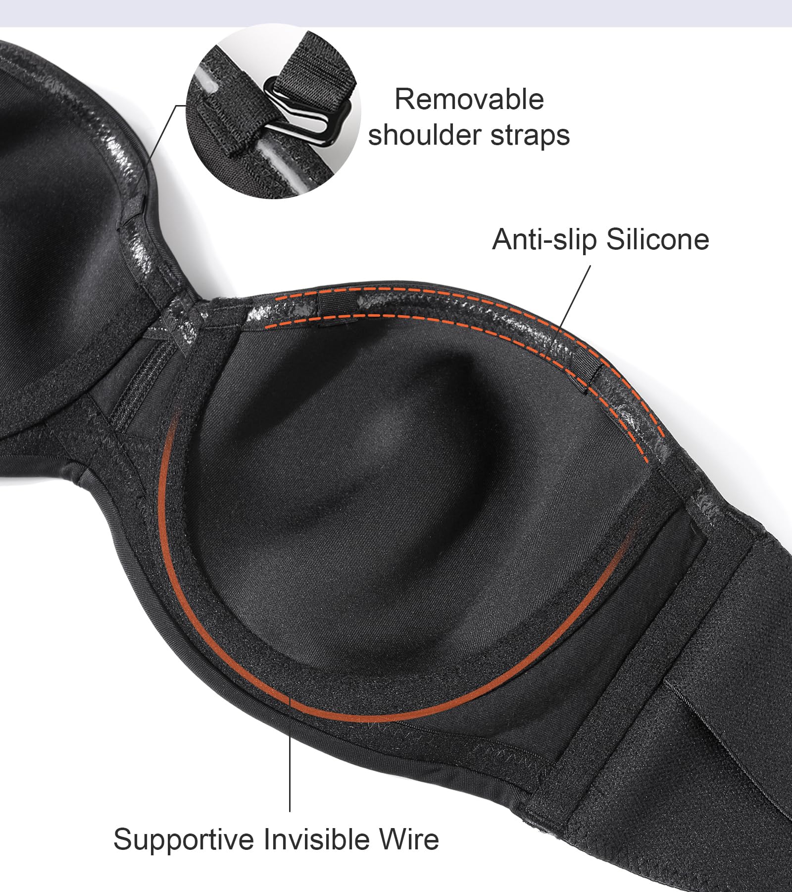 Lemorosy Brasier reductor sin tirantes para mujer, busto grande, soporte completo, antideslizante, convertible, con aros