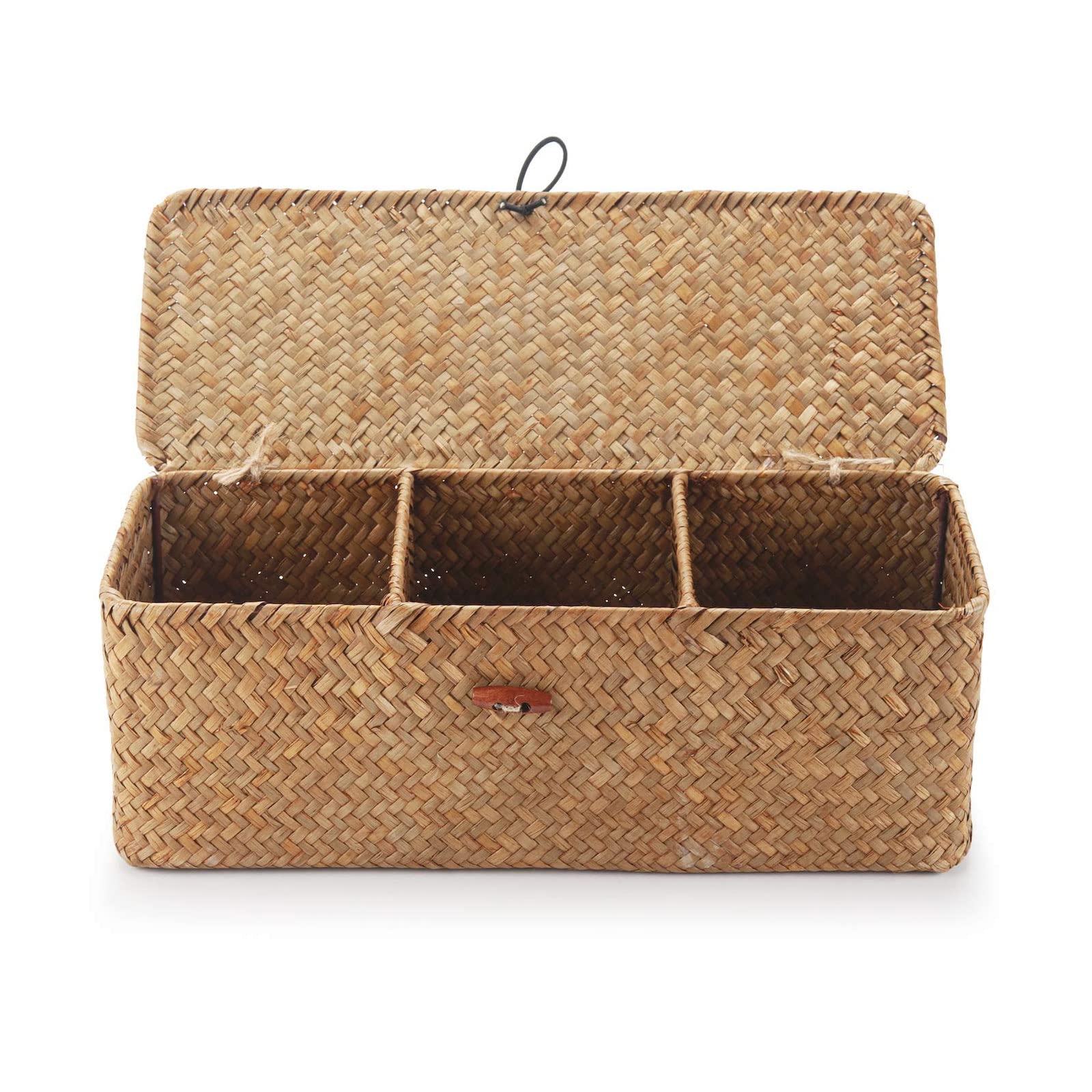 BONITA 3 Compartment Hand-Woven Storage Basket with Lid 3 Grid Hand-Woven Water Hyacinth Storage Basket Home Organizer Bins for Makeup, Clothes, Bathroom, Toilet and Home Items