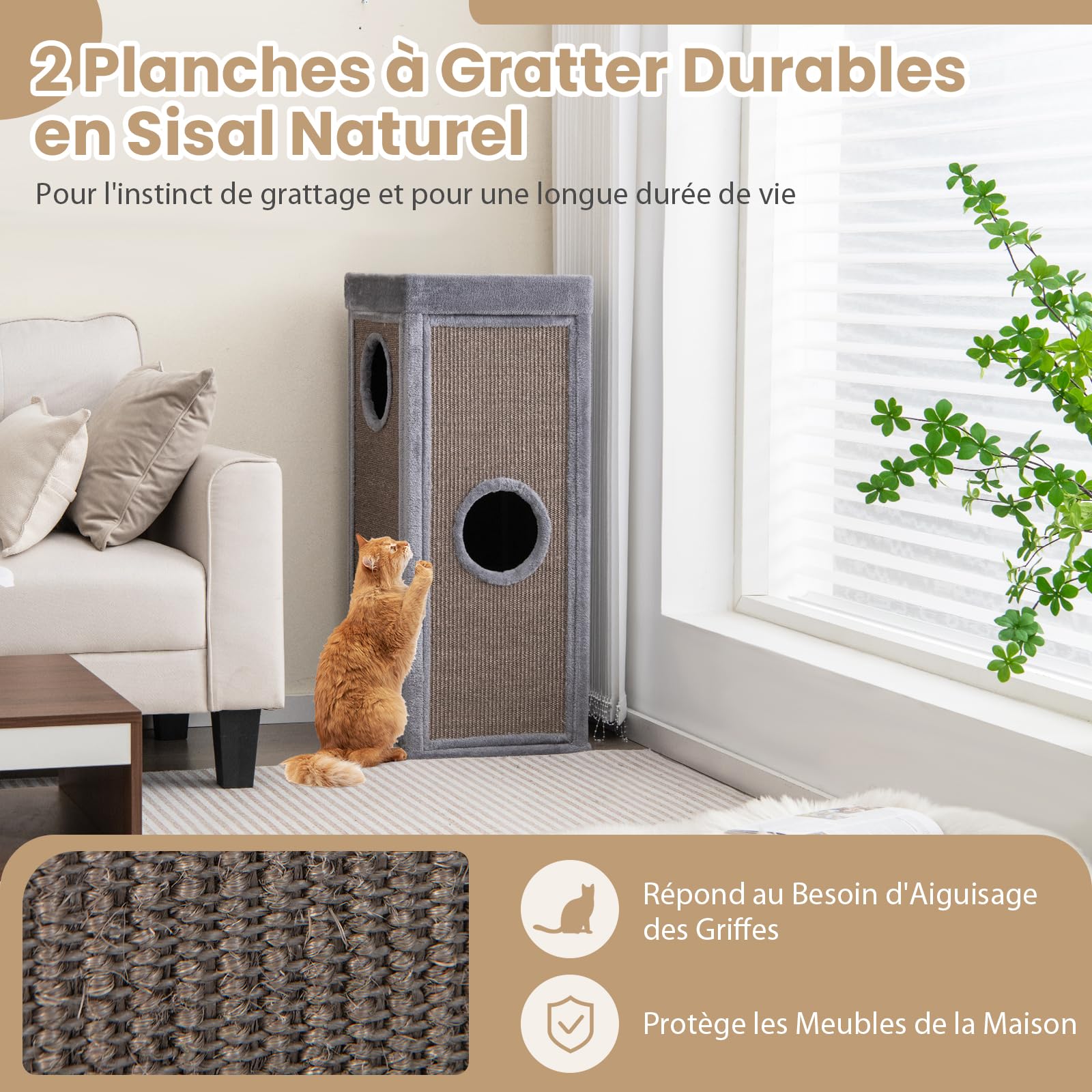GYMAX Tonneau Griffoir Chat 99cm à 4 Niveaux, 2 Planches à Gratter Revêtues Amovibles, 3 Condos & Perchoir de Peluche Supérieur, Coussins Doux, 3 Entrées, Centre d'Activité pour Chatons d'Intérieur