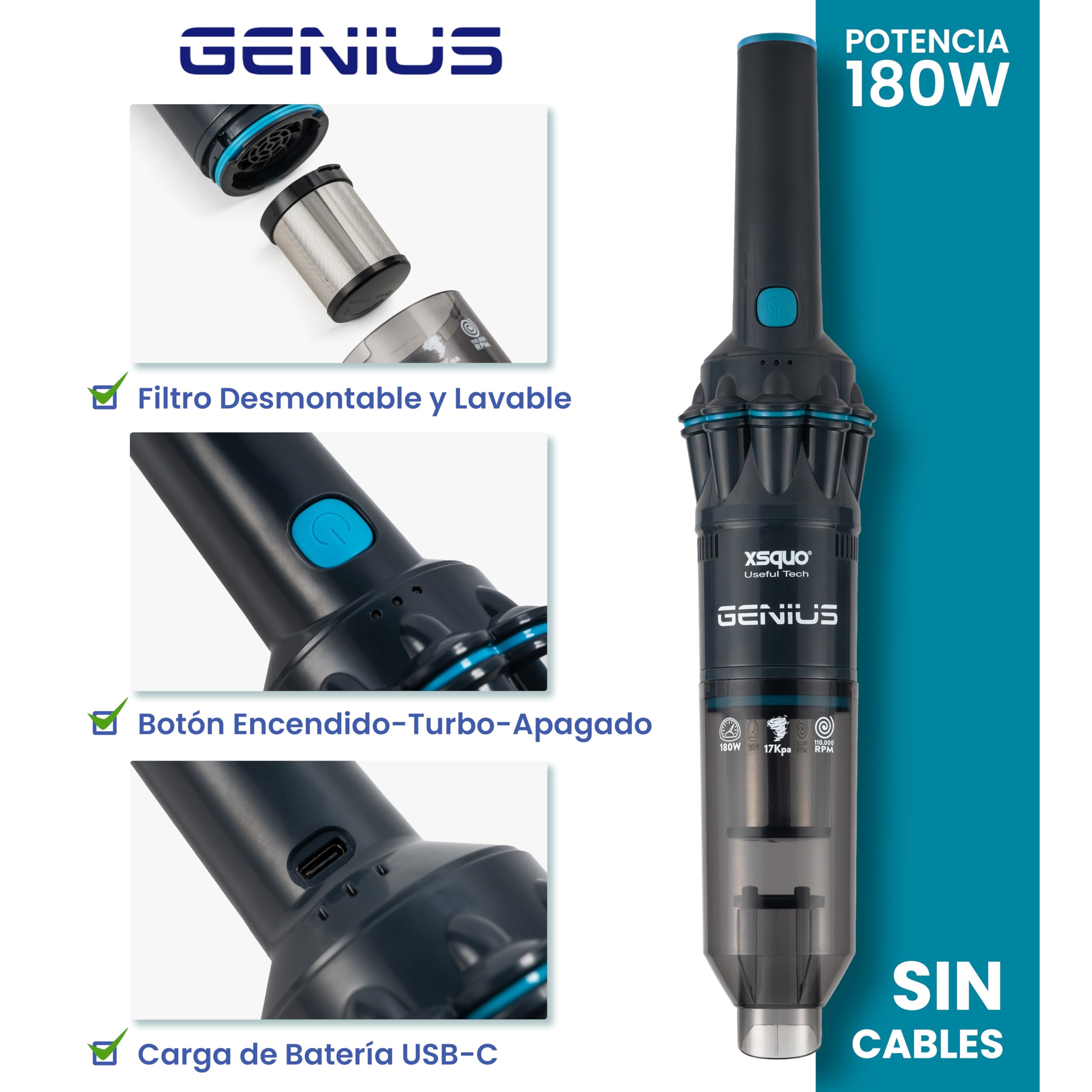 Aspiradora sin Cable Potente Ligera 2en1 de Mano y Vertical Portatil Inhalambrica para Casa Coche Tapiceria con Filtro Lavable con Motor Alta Velocidad Limpieza Facil Rapida Succion Eficiente