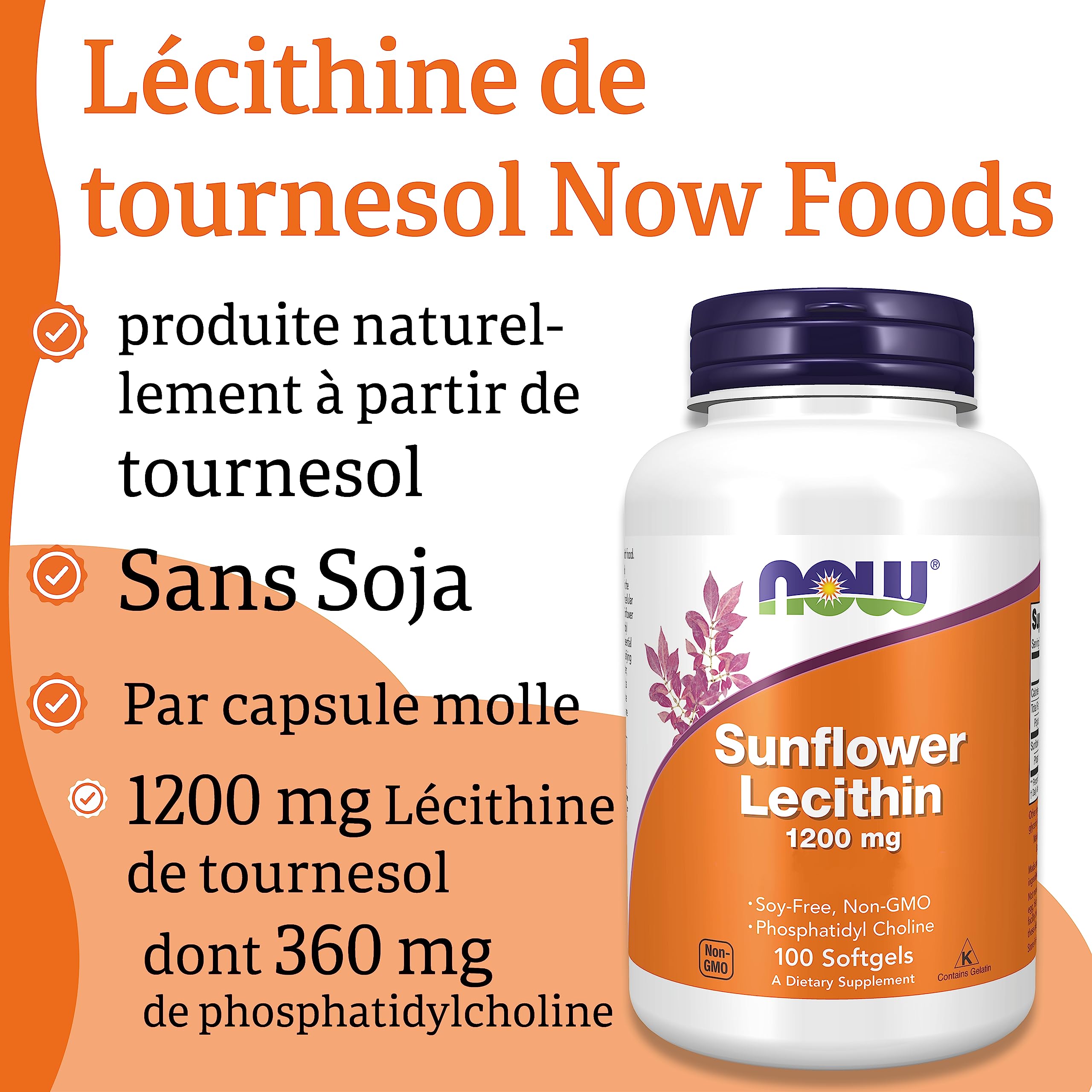 Now Foods, Sunflower Lecithin (Lécithine de Tournesol), 1.200mg, Hautement Dosée, 100 Capsules molles, Testée en Laboratoire, Sans Soja, Sans Gluten, Sans OGM