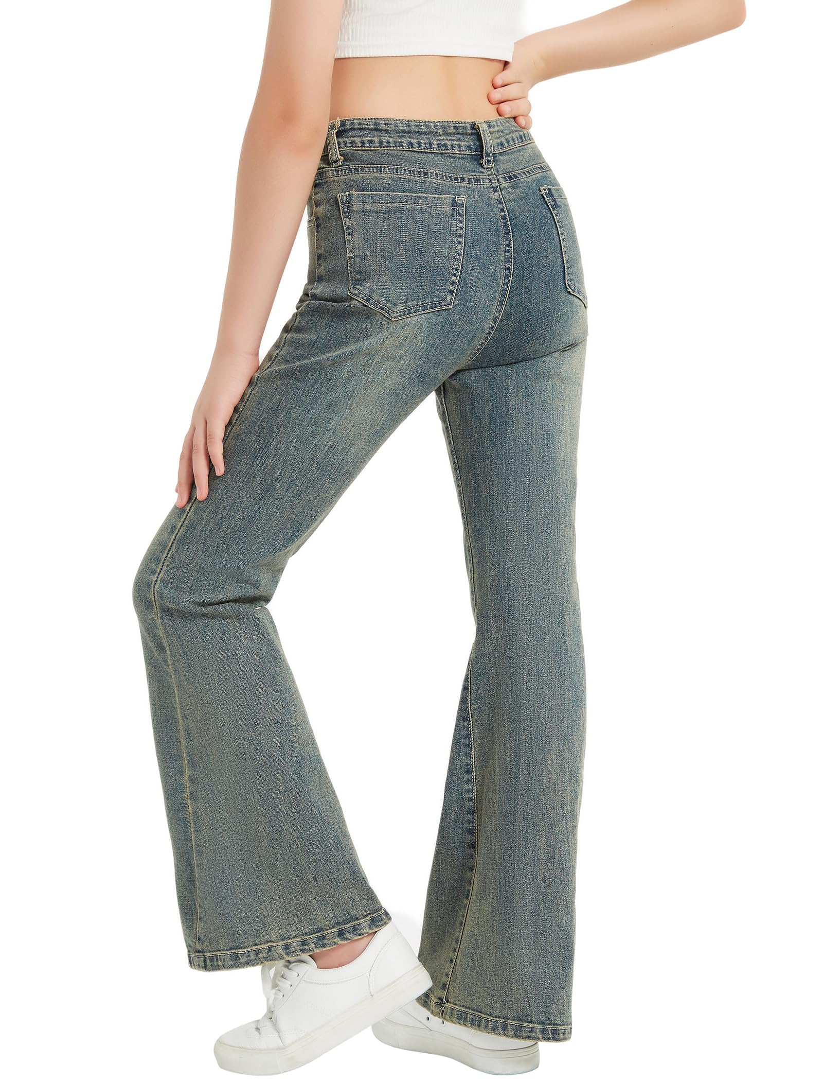 EXARUS Mädchen-Schlag-Jeans, Glockenunterteil, Denim-Hose, ausgestellt, gerissen, niedlich, Bootcut, mittelhohe Taille, elastische Taschen, Kinder