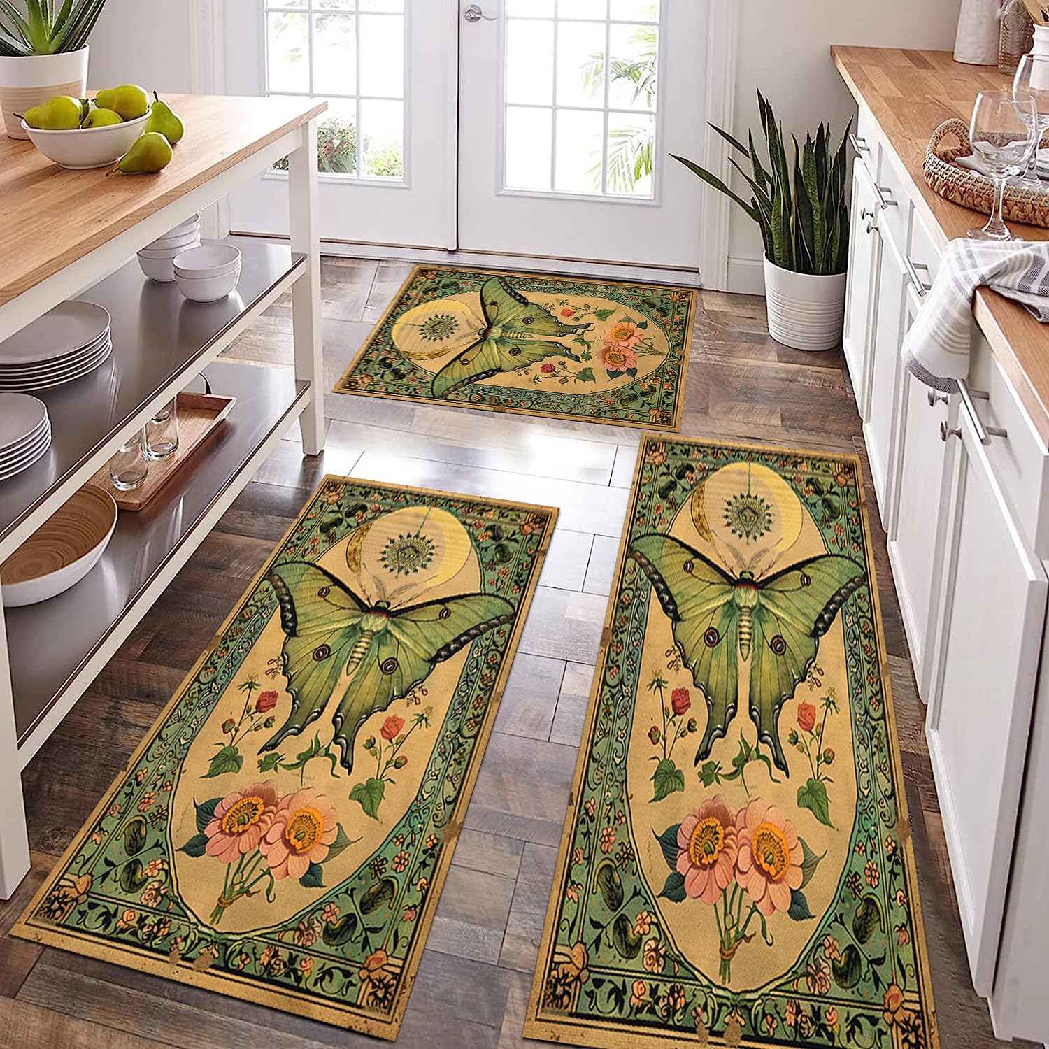 Reateforin Floral Green Luna Moth Area Rug,Green Butterfly Bedroom Art Decor Rug,Dark Cottagecore Living Room Carpet,Animal Print Area Rug,Butterfly