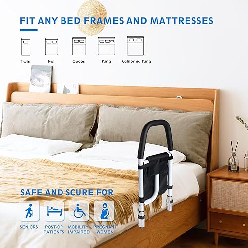 Miniatura 8 de Rieles de cama para adultos mayores, barra de soporte de cama médica, asistente de movilidad con bolsa de almacenamiento gratis, apto para King,