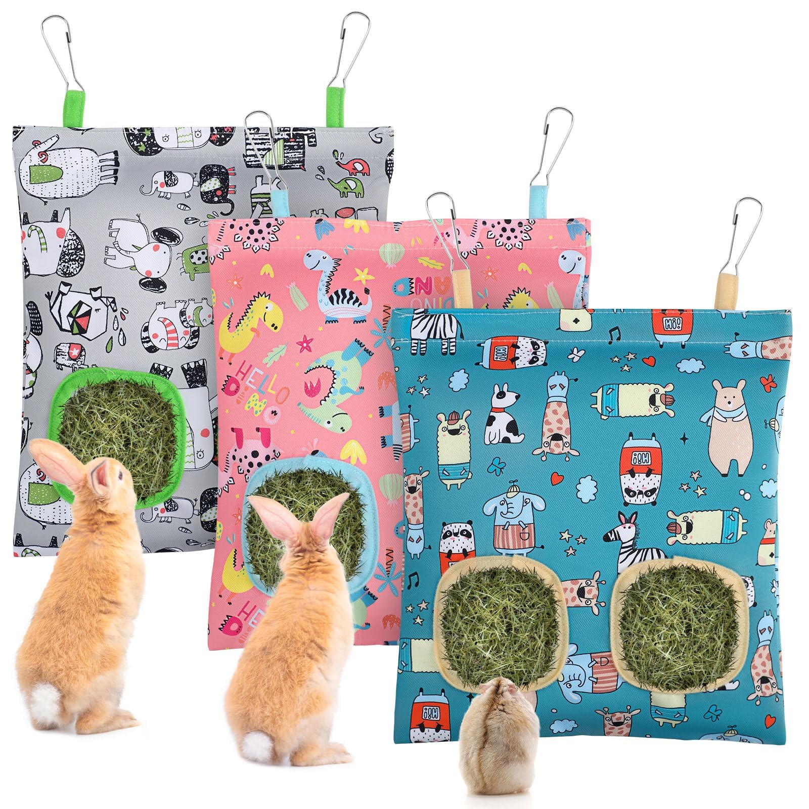 UPINS 3 Hay Bag for Rabbits - 2-Hole Hanging Hay Feeder for Guinea Pigs, Chinchillas, Hamsters & Small Pets (Dark Color)