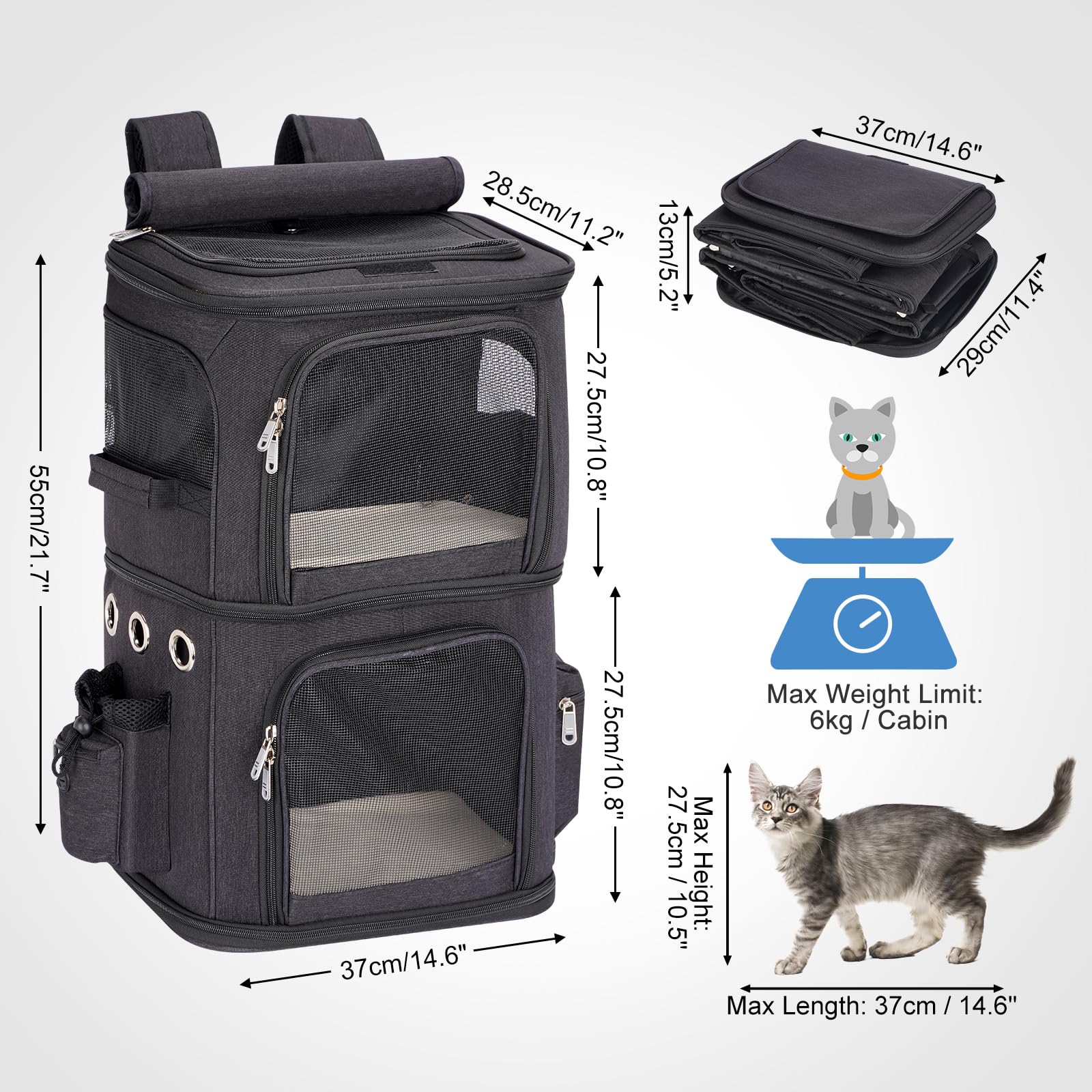 Zaino 2 in 1 per gatti 2 in 1, doppio scomparto con divisorio rimovibile, trasportino per gatti grandi fino a 12 kg, portatile per viaggi e passeggiate, nero