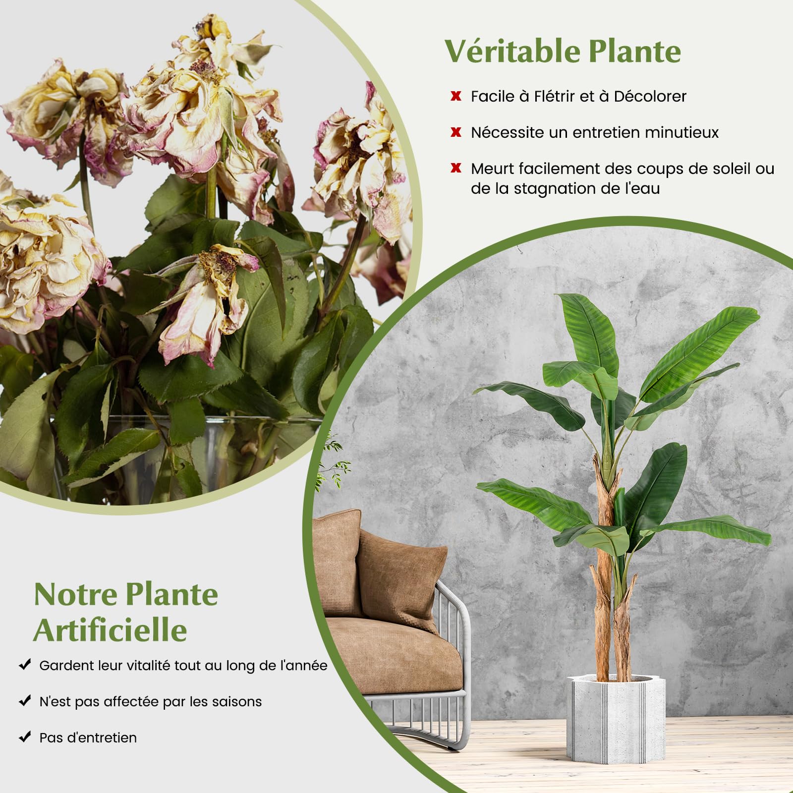 COSTWAY Plante Artificielle Bananier à Tiges Doubles (165 CM)