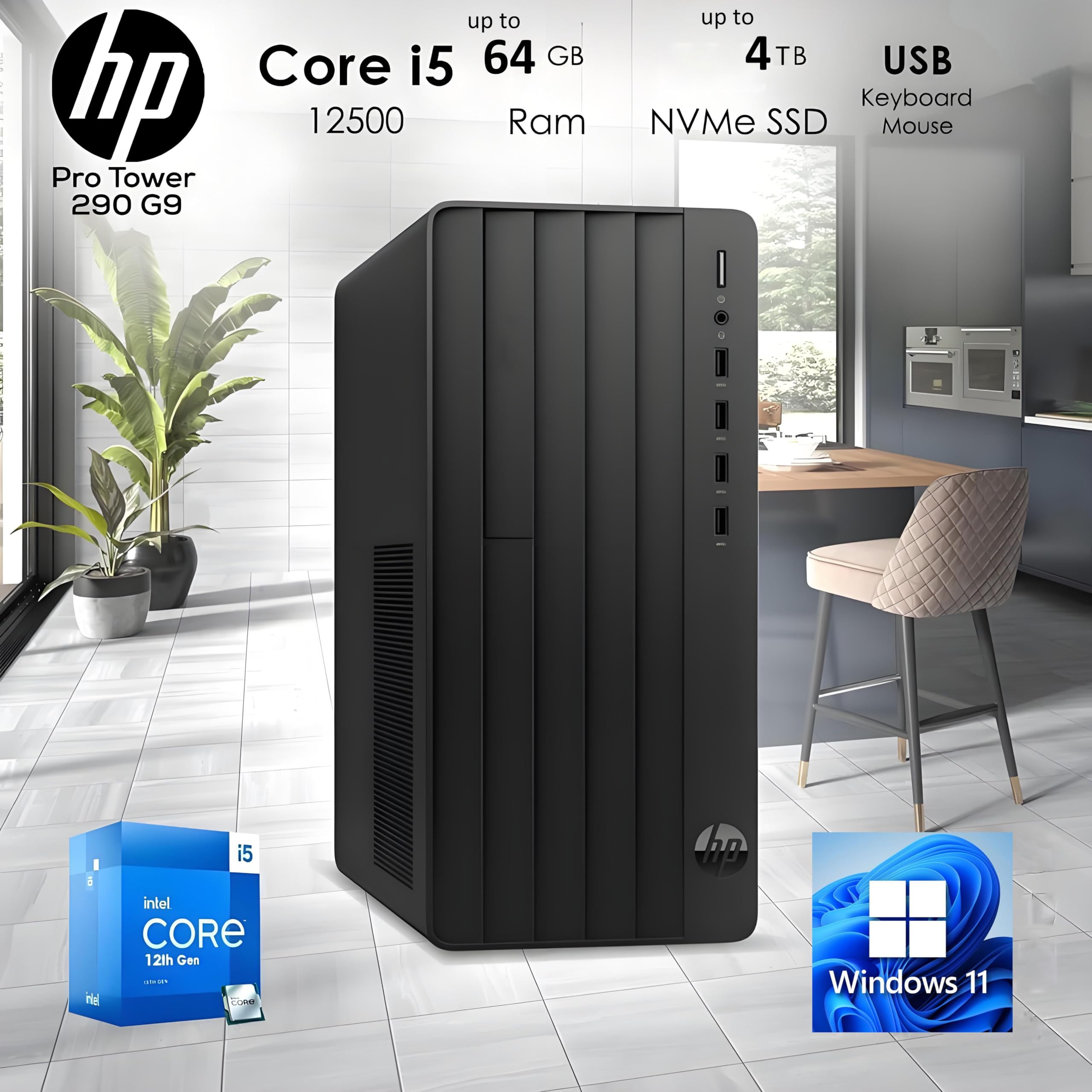 HP Desktop Computers Tower PC for Home and Business, Intel 6-Core i5-12500, 32GB DDR4 RAM, 1TB PCIe SSD, UHD Graphics 770, WiFi, Bluetooth, RJ-45, HDMI, VGA, Keyboard and Mouse, Windows 11 Home