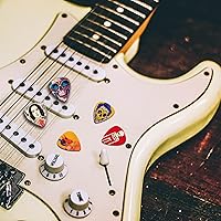 Vista 3 de Paquete de 24 púas de guitarra delgadas, medianas y pesadas con caja de lata, paquete variado de púas de bajo, púas de guitarra para guitarra