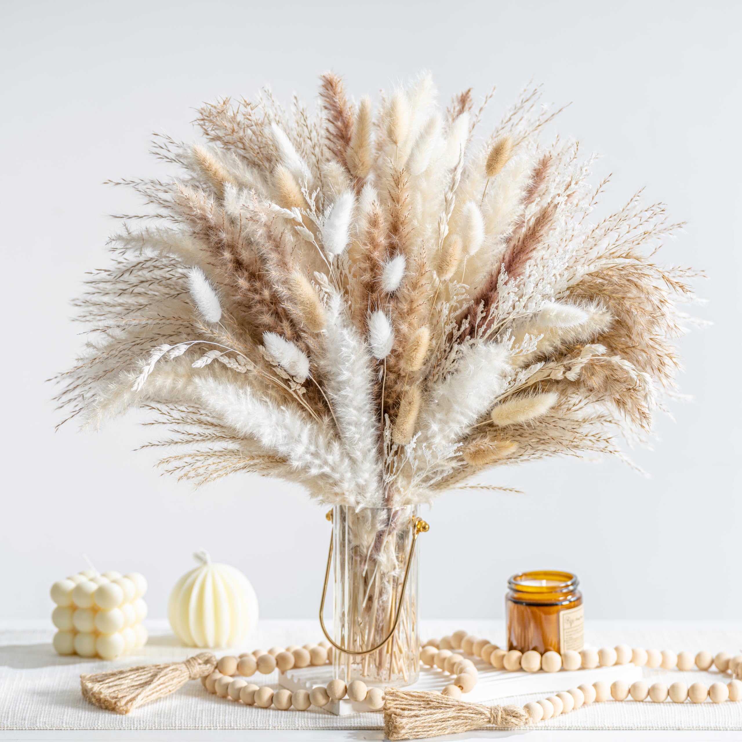 130PCS Natural Dried Pampas Grass Boho Home Decor Bouquet Phragmites Dried Flowers Bouquet for Wedding Floral Arrangements Home Decorations (130PCS)