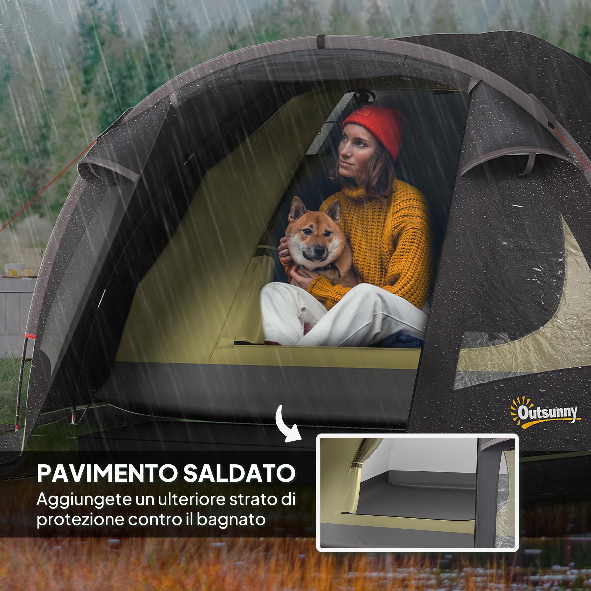 Outsunny Tenda da Campeggio a Tunnel per 2 Persone 2 Stanze Impermeabile 3000mm 330x190x120 cm Nero