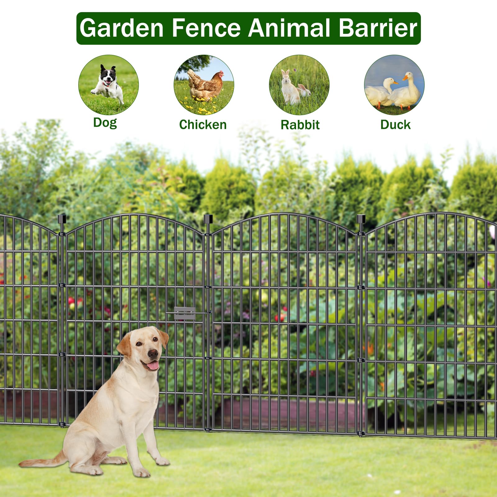10 Panels Dekorative Gartenzaun Keine Grabenarbeit mit Tür – 102 cm (H) x 7,2 m (L), Hundezaun für Außenbereich im Garten, rostfreie Tierbarriere mit Bodenankern für Garten, Terrasse, Blumenbeet