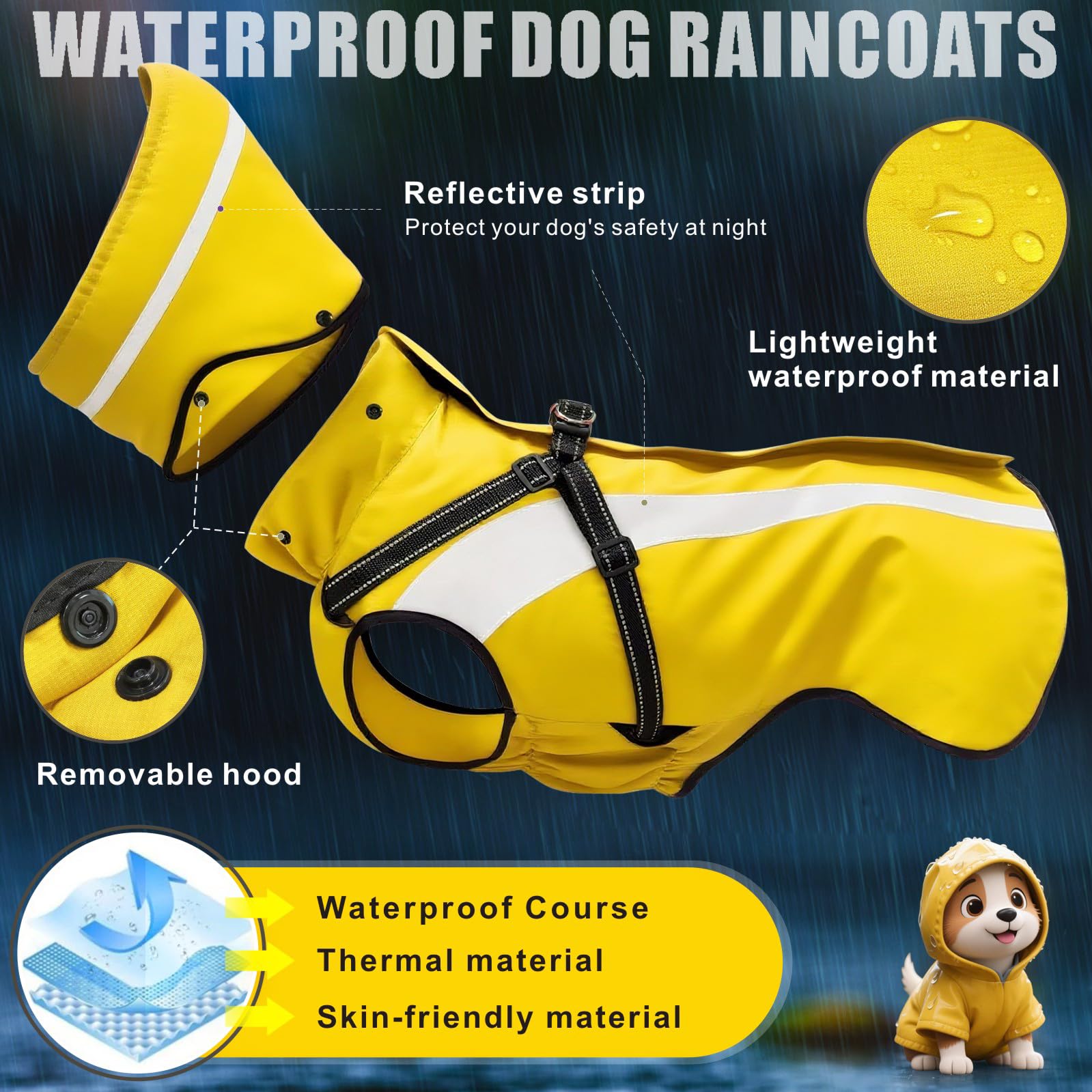 Imperméable Chien Imperméables pour Chien Réfléchissant Chiens Vestes de Pluie à Capuche Pluie Poncho pour Petits Chiens Moyens Grands S-XXL (Jaune, XL)