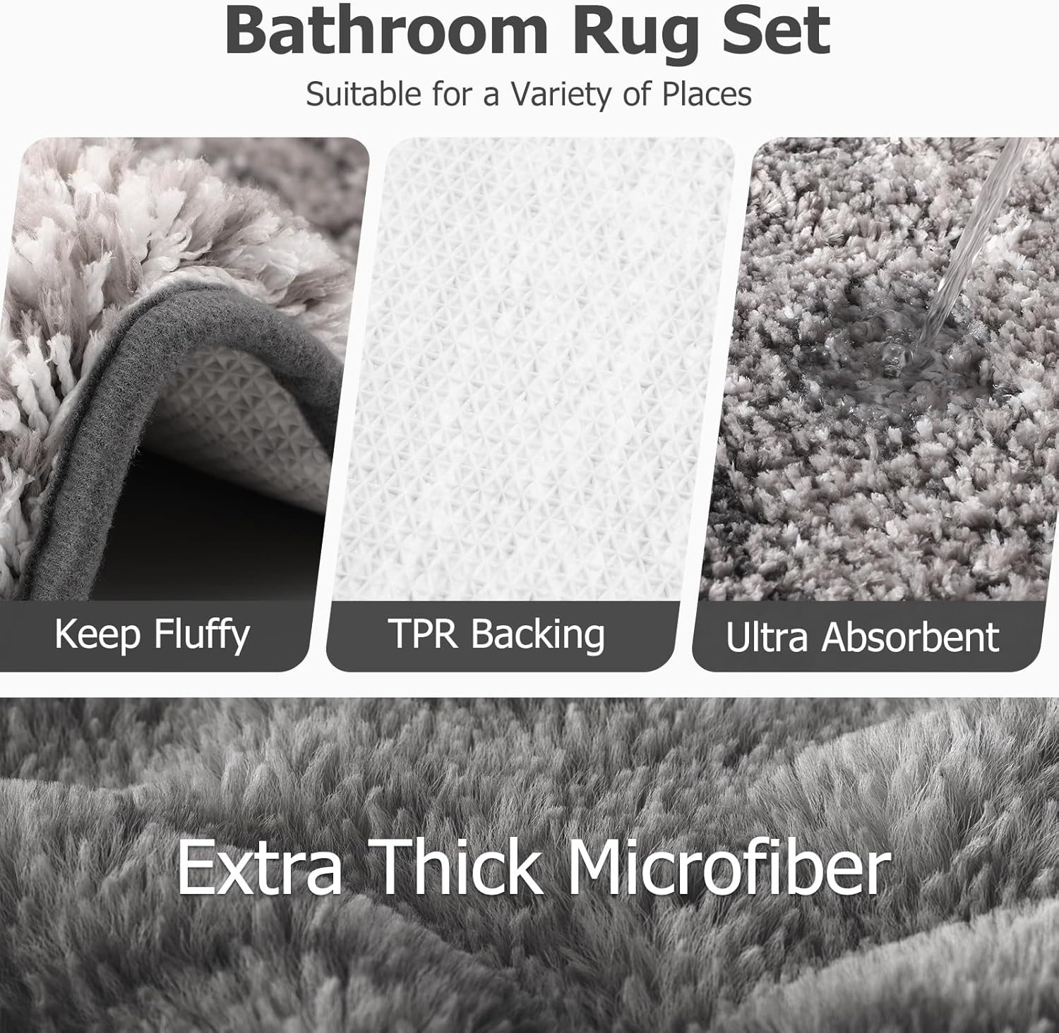 15 Pcs Shower Curtain Set Grey Bathroom Sets with Shower Curtain and Rugs Ombre Waterproof Thicken Waffle Shower Curtain with 2 Piece Non-Slip Luxury Bathroom Rugs and 12 Hooks for Bathroom Decor