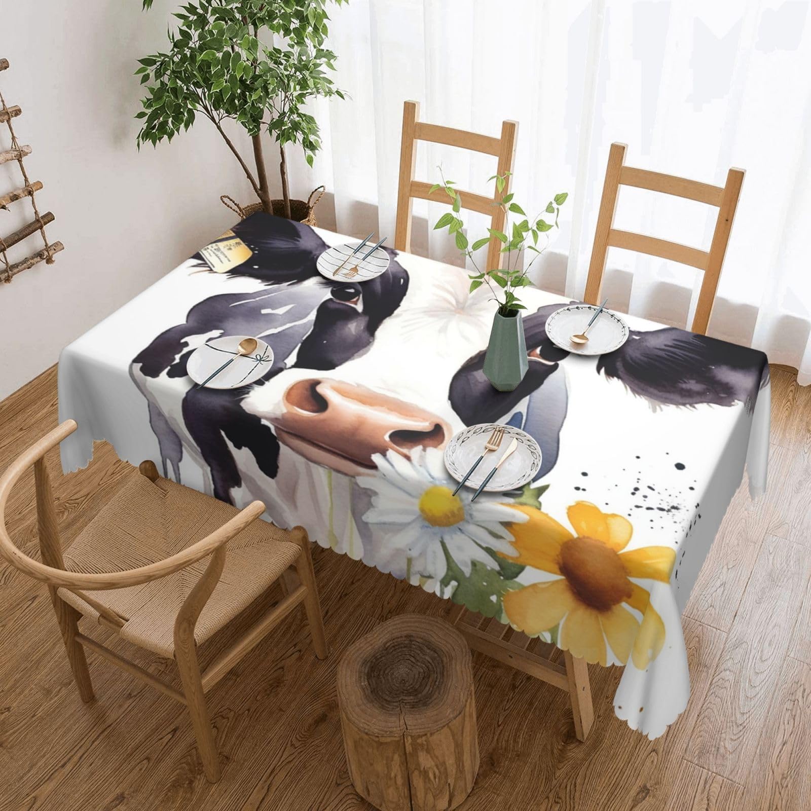 Fodpand Black Watercolor Cow And Daisy Flower Tablecloths For Rectangle Tables 72 X 54 Inches - Reusable And Washable Table Clothes Decorative Table Cover For Dining Tables, Buffet Parties, Wrinkle Resistant