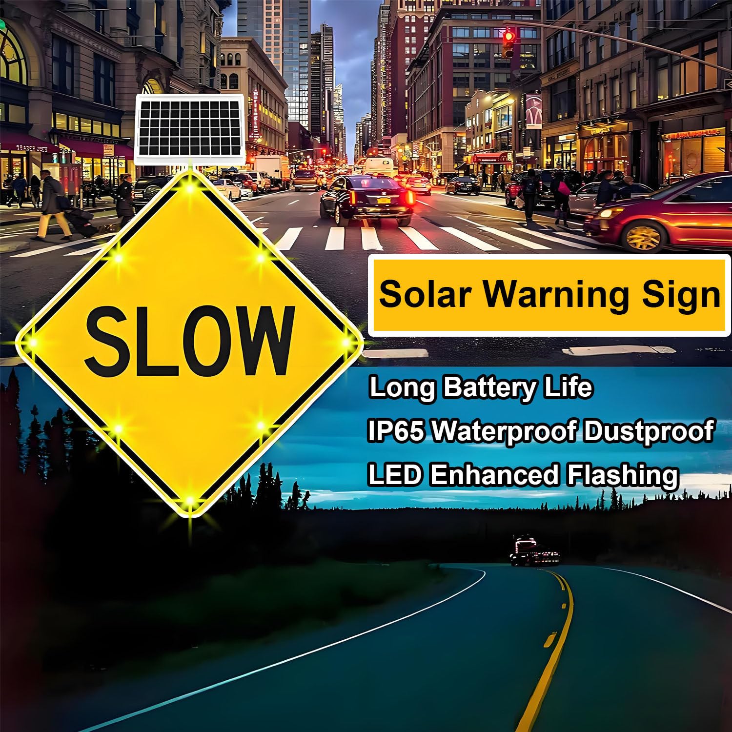 Señal solar LED intermitente de advertencia lenta, señal de calle de aluminio resistente a la intemperie de 24 pulgadas para seguridad vial y renovación de estacionamiento, control de tráfico