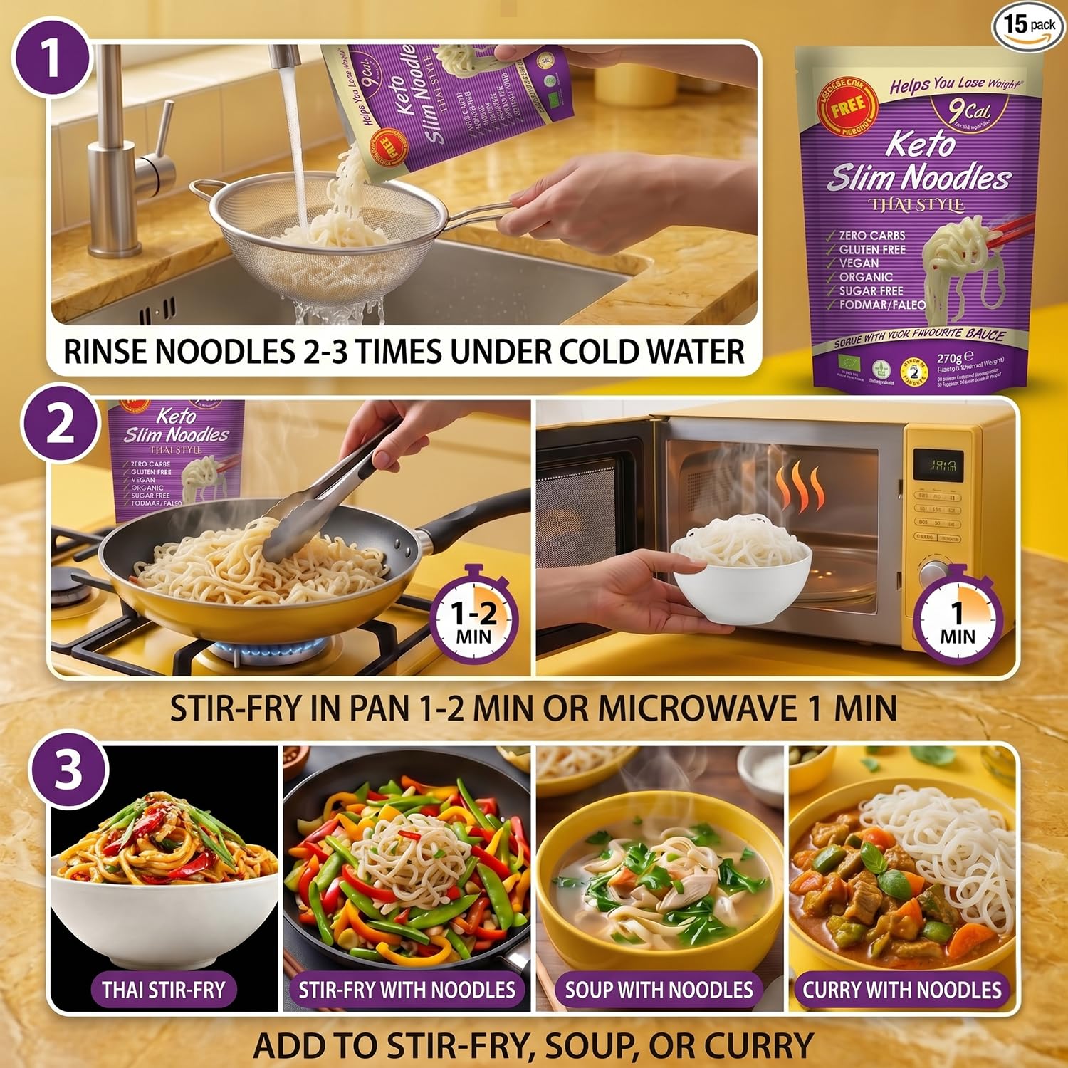 Slim Pasta - Noodles Thai Style - 270g - Pasta Vegana Baja en Calorías - Ideal para Dieta Keto