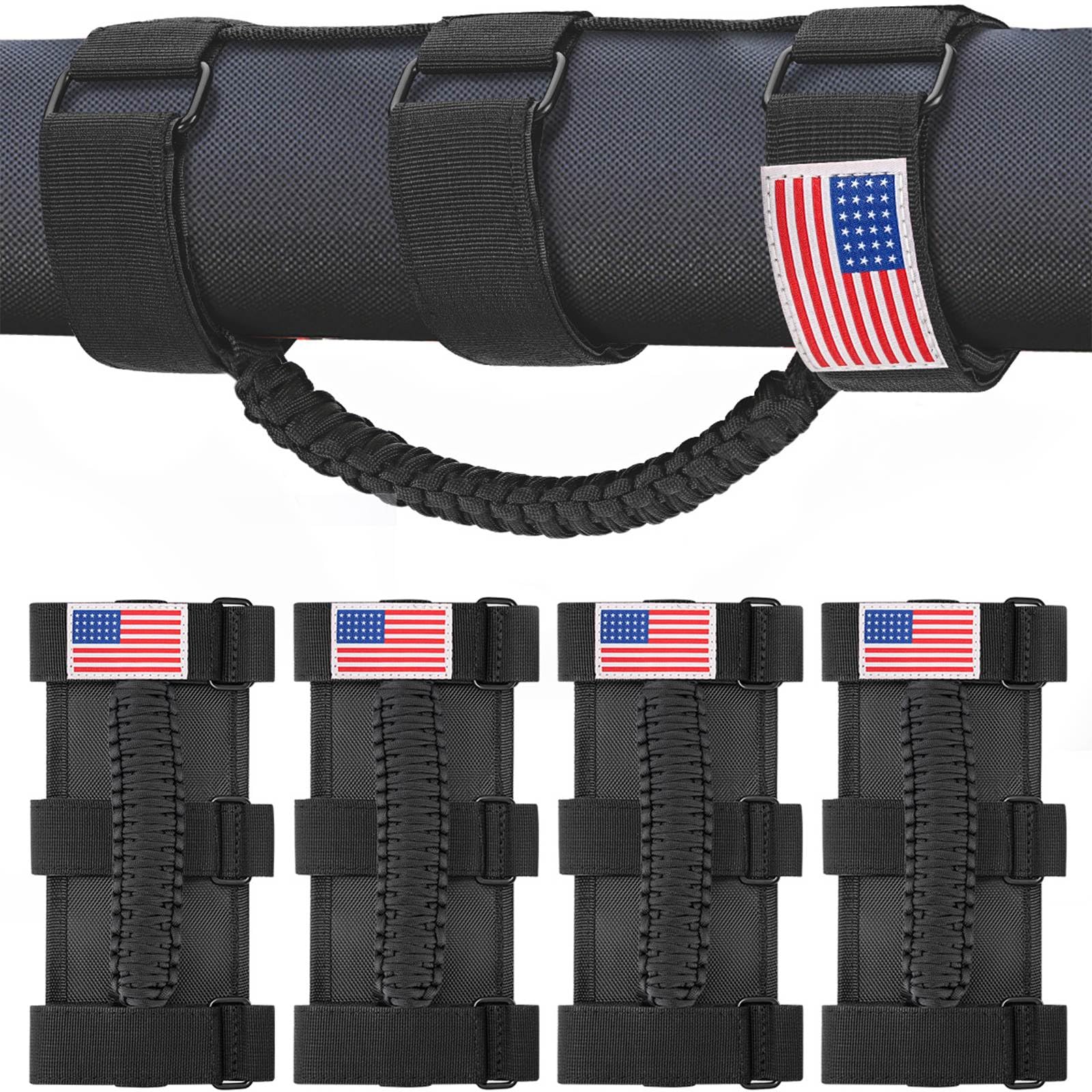 moveland 4 Pack Roll Bar Grab Handles with US Flag for Jeep Wrangler, Black