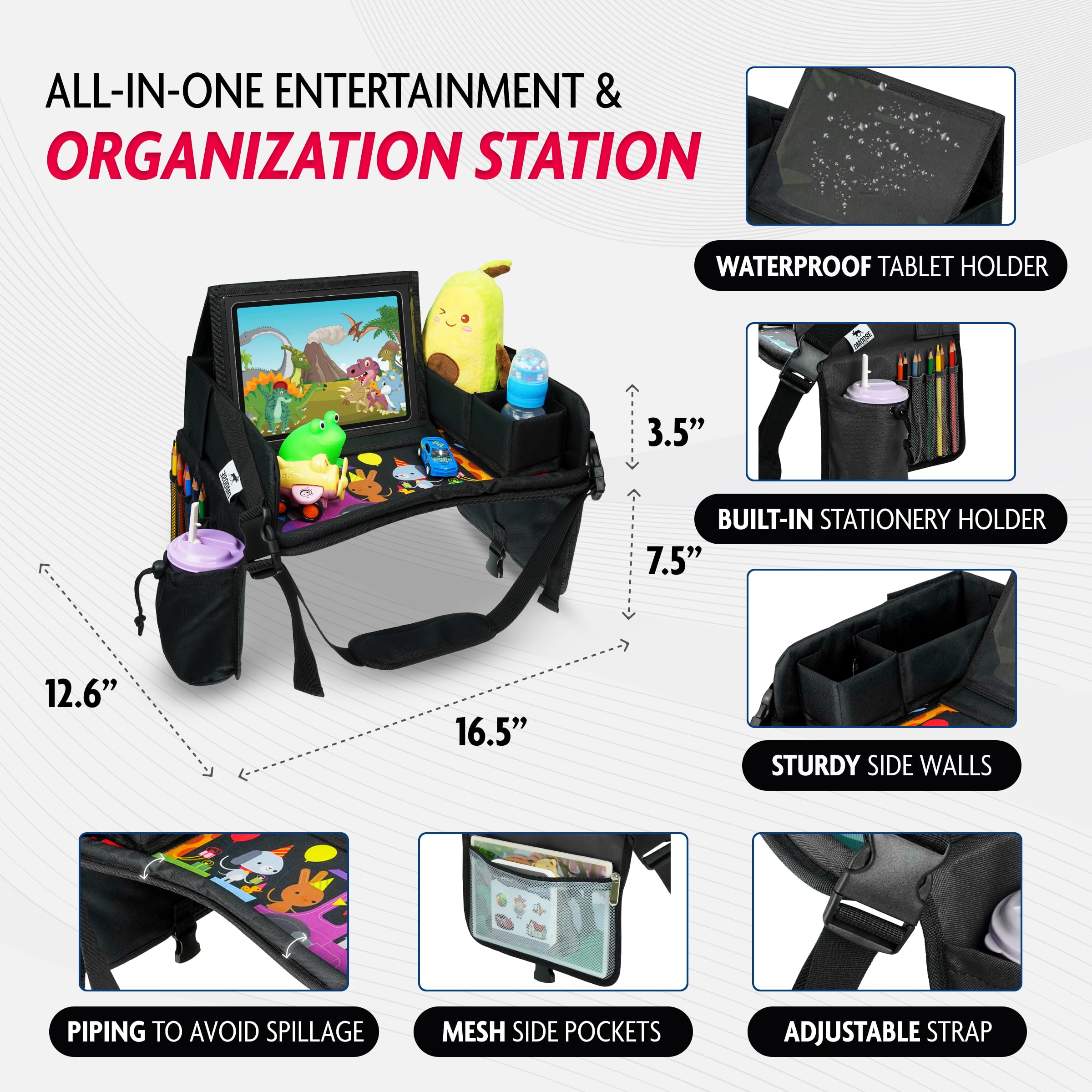 DMoose Bandeja de viaje para niños, bandeja de actividades para asientos de automóvil con base acolchada y cómoda, paredes laterales, bolsillos malla para aperitivos, soporte para tableta, cochecito