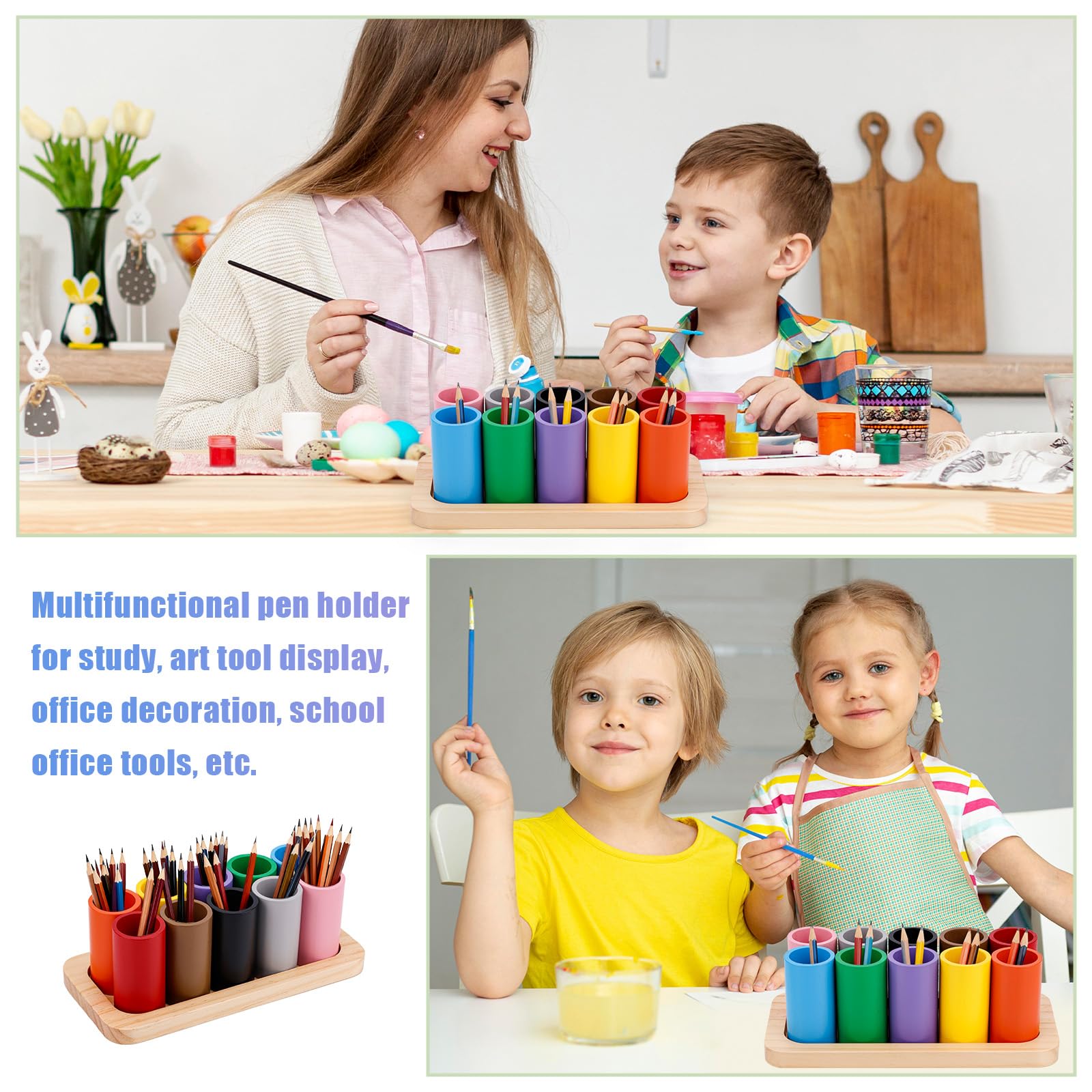 Bois Porte Crayons de Couleur, Crayon Rangement Organisateur avec 10 Amovible Compartiments Tasse Stylo Support pour Enfants Bureau Maison École Fourniture