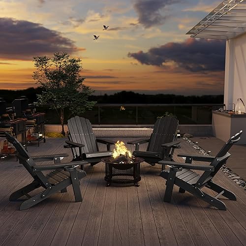 Miniatura 9 de Silla Adirondack plegable con respaldo ajustable, 2 portavasos resistente a la intemperie al aire libre, patio, césped, jardín, terraza trasero,