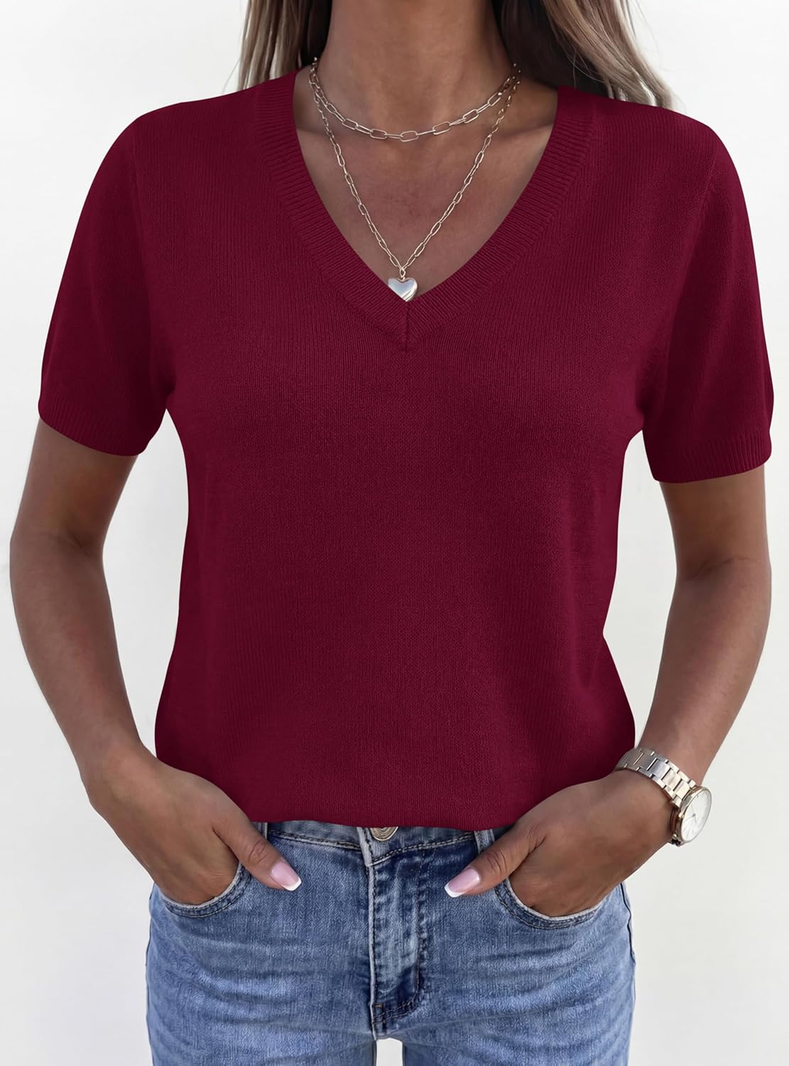 PRETTYGARDEN Womens Short Sleeve Sweater V Neck Trendy Pullover Tops 2026 Summer Spring Loose Lightweight Casual Blouse - Image 3