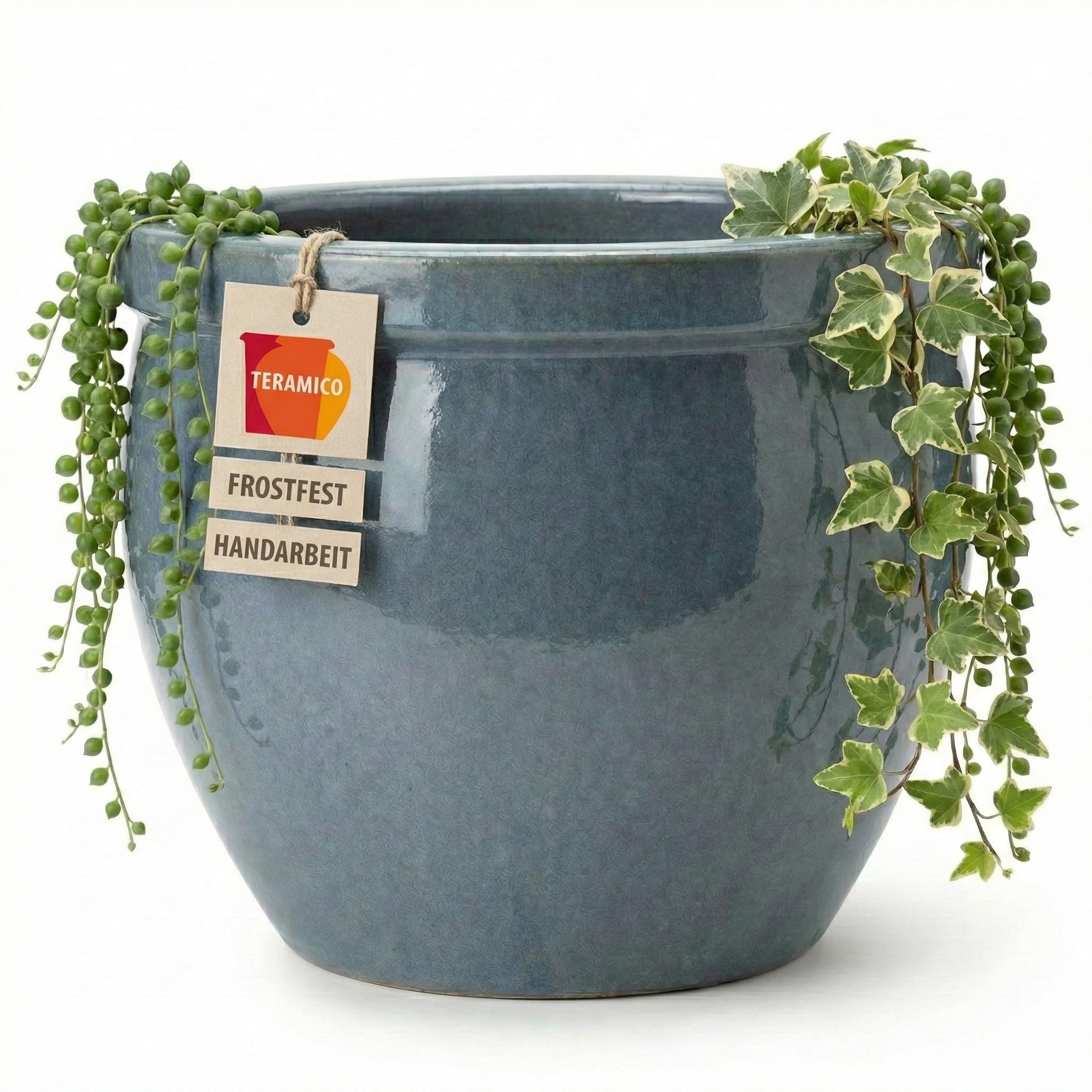 Teramico Premium Keramik Pflanzkübel Garten (Oktober Grau, 37cm x 31cm) | Massiv gearbeitet und absolut frostfest. Von Hand gefertigtes Pflanzgefäß mit Abwasserloch für Garten und Terrasse.