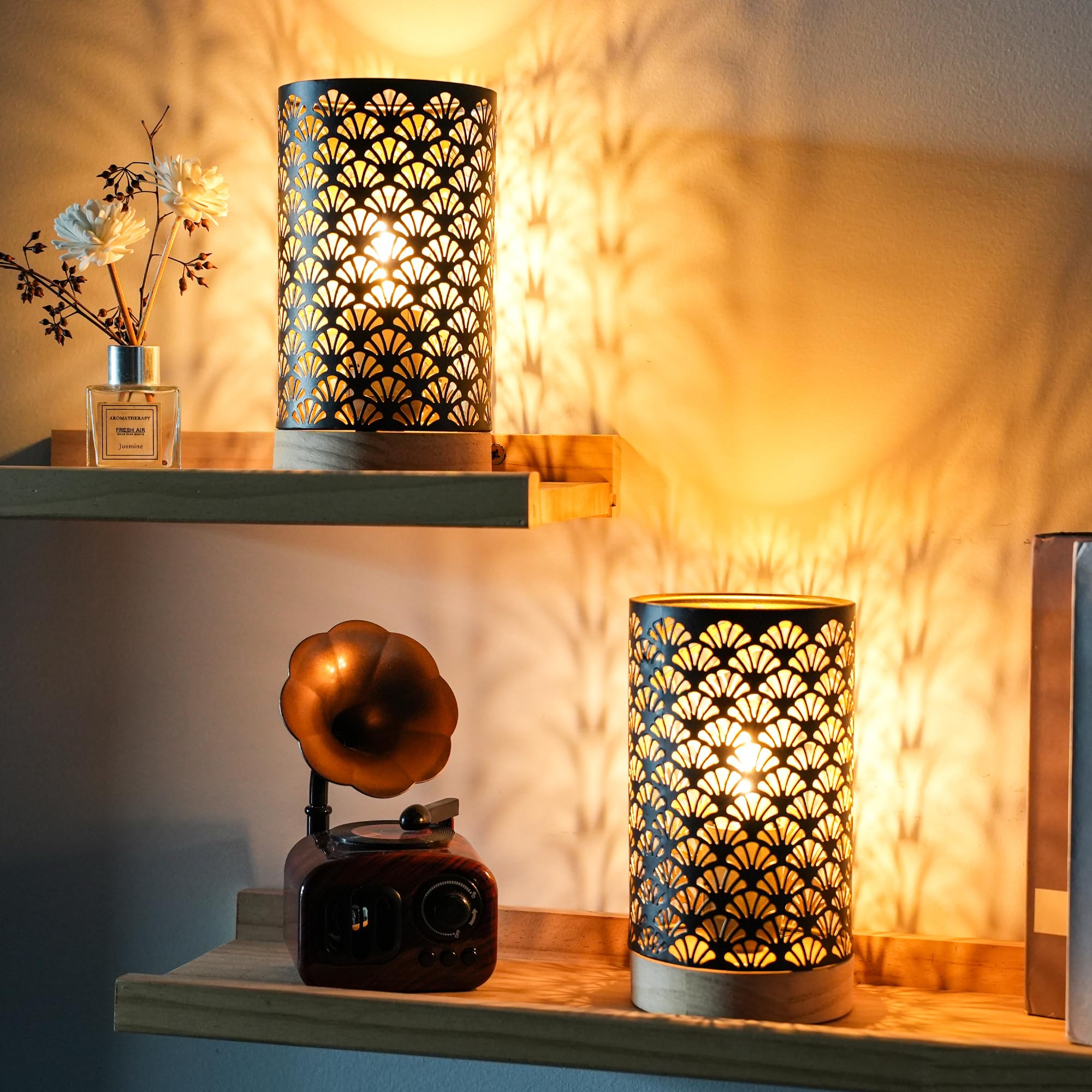 JHY DESIGN Lot de 2 lampes en métal fonctionnant avec piles - Hauteur - Avec minuterie de 6 heures - Pour mariage, fête, terrasse, jardin, intérieur, extérieur, table, balcon (base en bois)