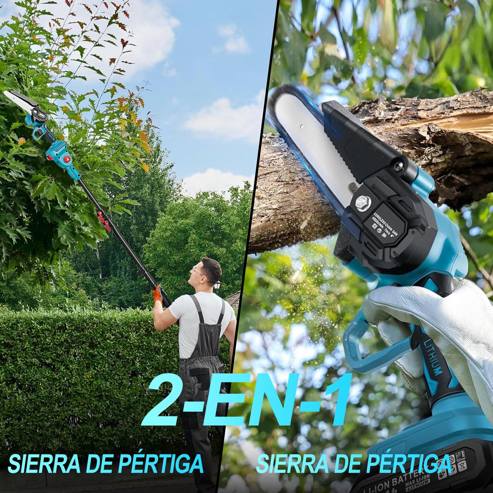 Sierra de pértiga inalámbrica de 36 V y 6 pulgadas, tijeras de podar 3 en 1, 2 baterías de 3.0 Ah con extensión de 2 m para podar árboles