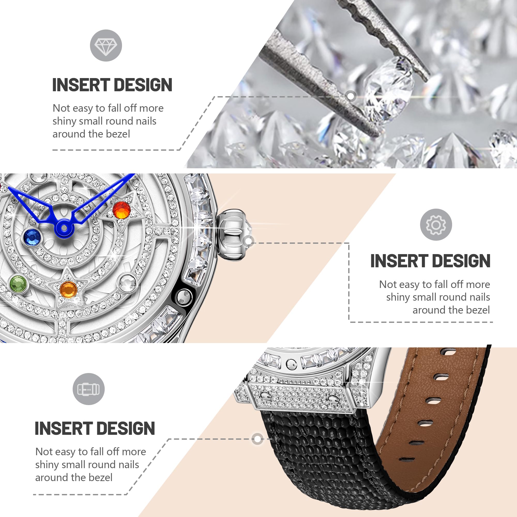 Luxuriöse Damenuhr mit Diamant-Inlay, mehrfarbige Zirkon-Akzente, Saphirglas-Zifferblatt, echtes Lederarmband, elegante Damen-Armbanduhr