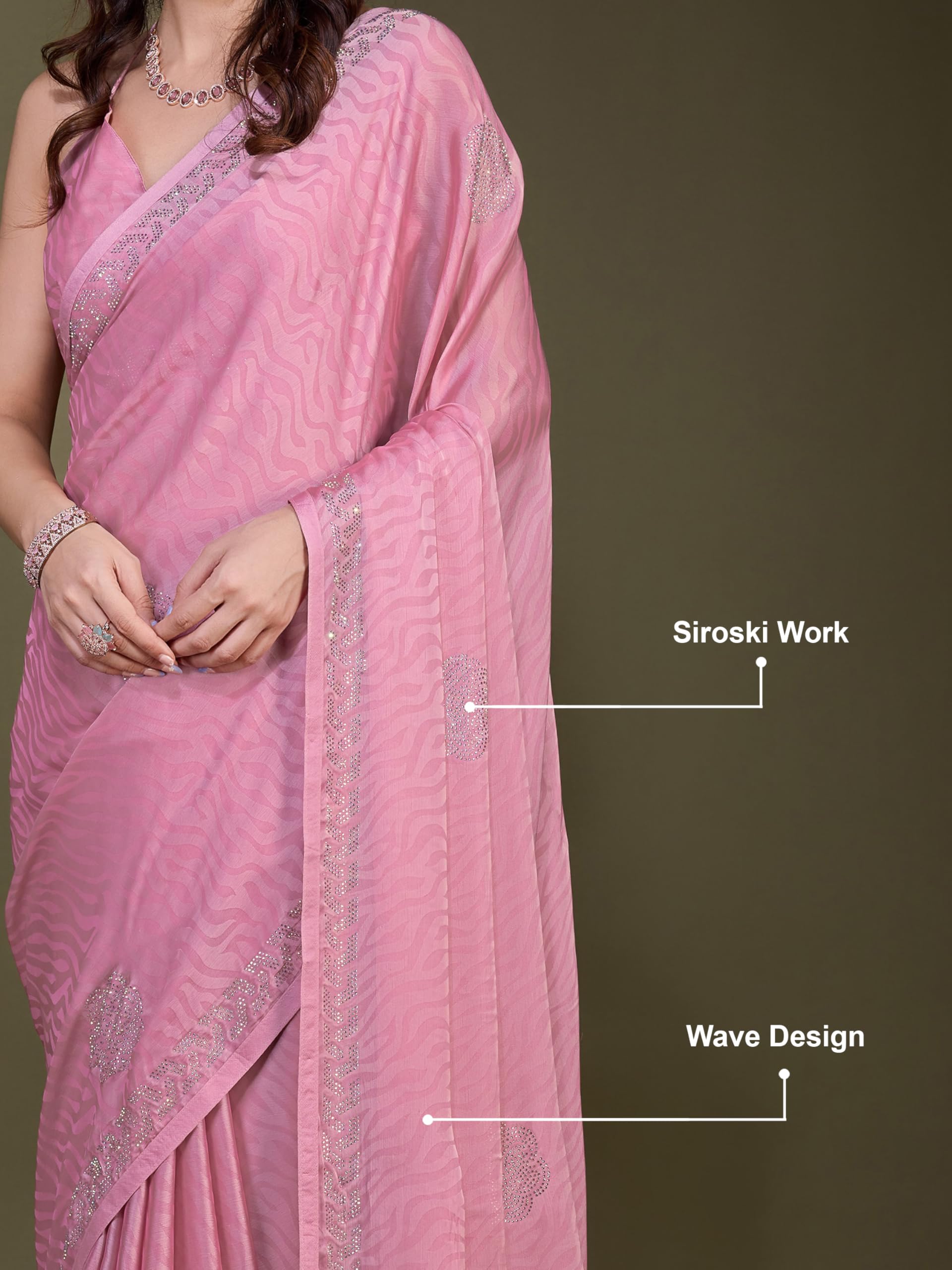 TRENDMALLS Damen Chiffon Siroski Arbeit Saree mit Unstitch Bluse Stück