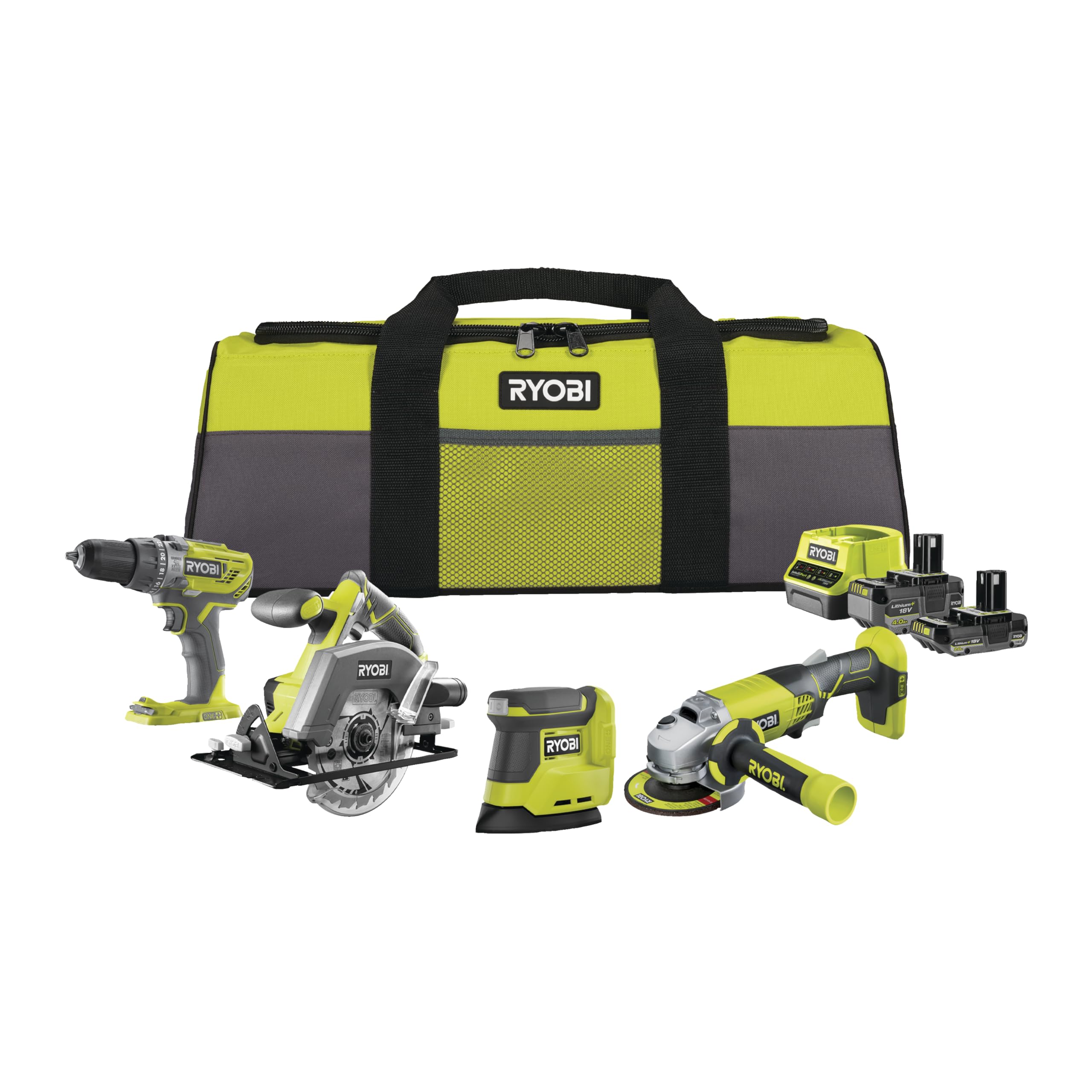 RYOBI 18 V ONE+ 8-częściowy zestaw akumulatorowy kombi RCK184O-242SZL, wiertarko-wkrętarka udarowa, szlifierka kątowa, ręczna piła tarczowa, szlifierka wibracyjna Delta, 2 x akumulatory (4,0 Ah i 2,0