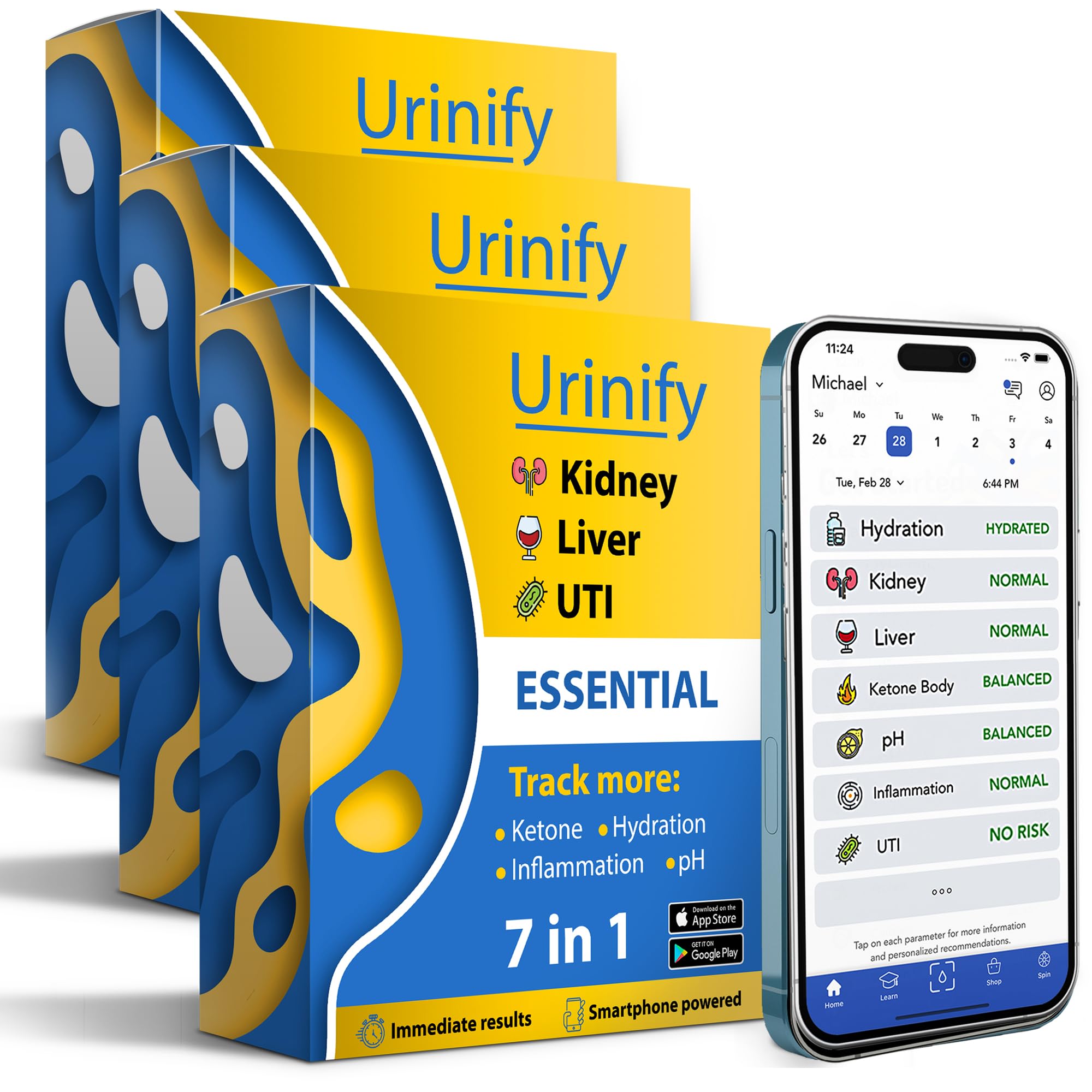 Urinify-Mobile App Urine Test Strips and at Home UTI Test Strips, Kidney Test kit at Home, Hydration, Perfect Keto Test Strips, pH Test Strips, Liver Test, urinalysis Test, Protein, 3 Packs