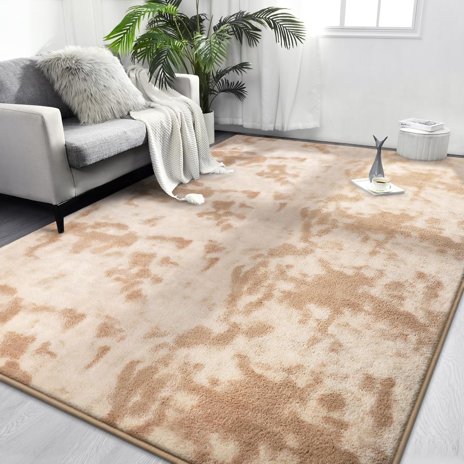FlyDOIT Large Area Rugs for Living Room Bedroom, 7x10 Ft Tie-Dyed Beige Ultra Soft Comfy Thickened Memory-Foam Indoor Carpets, Cozy Modern Floor Rug for Boys Girls Playroom Dorm Nursery Home Décor 7 ft x 10 ft Beige
