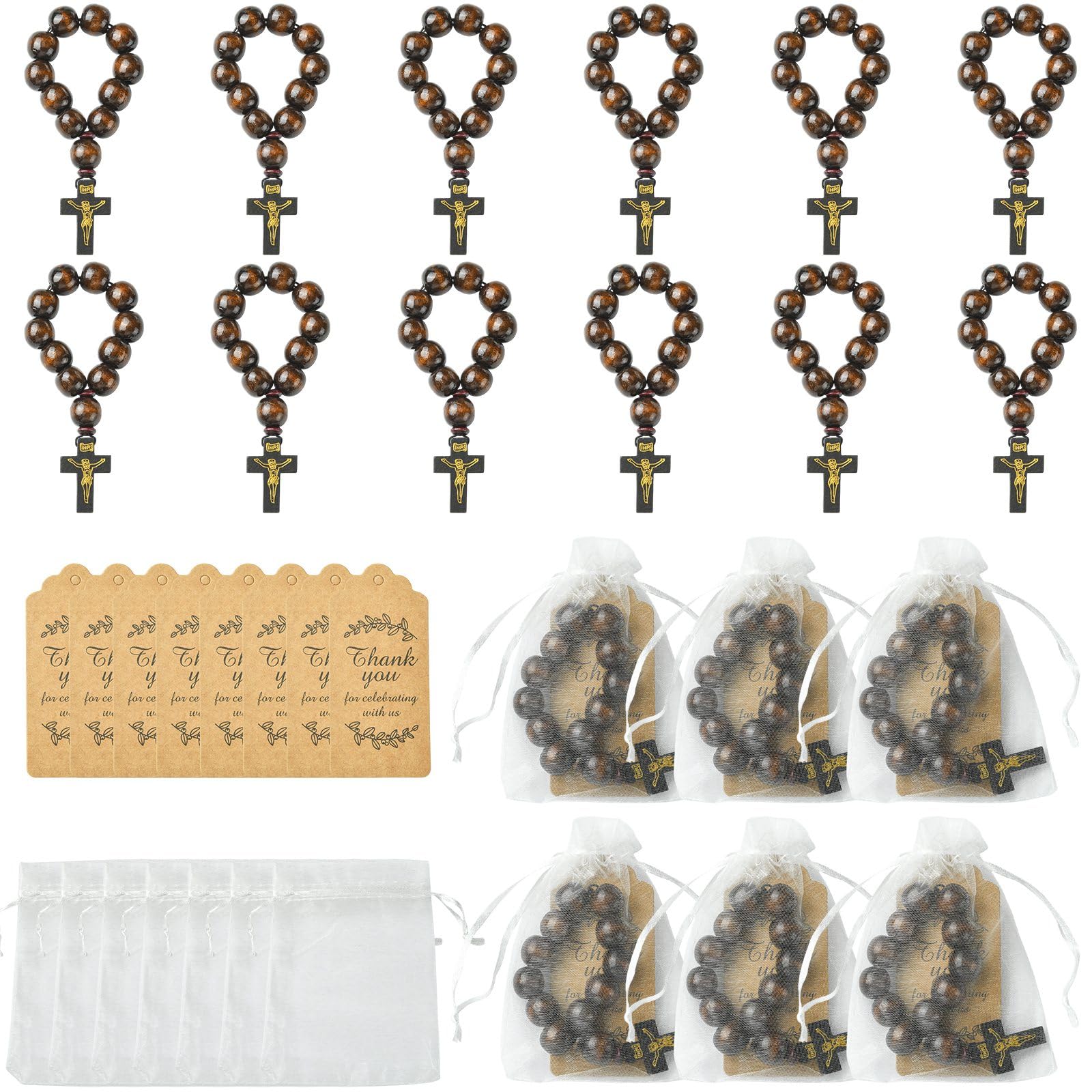 LiQunSweet Holz-Kreuz-Ornamente zum Aufhängen, mit Organza-Geschenkbeuteln und Dankeskarten, Kokosbraun, 110 mm, 20 Stück