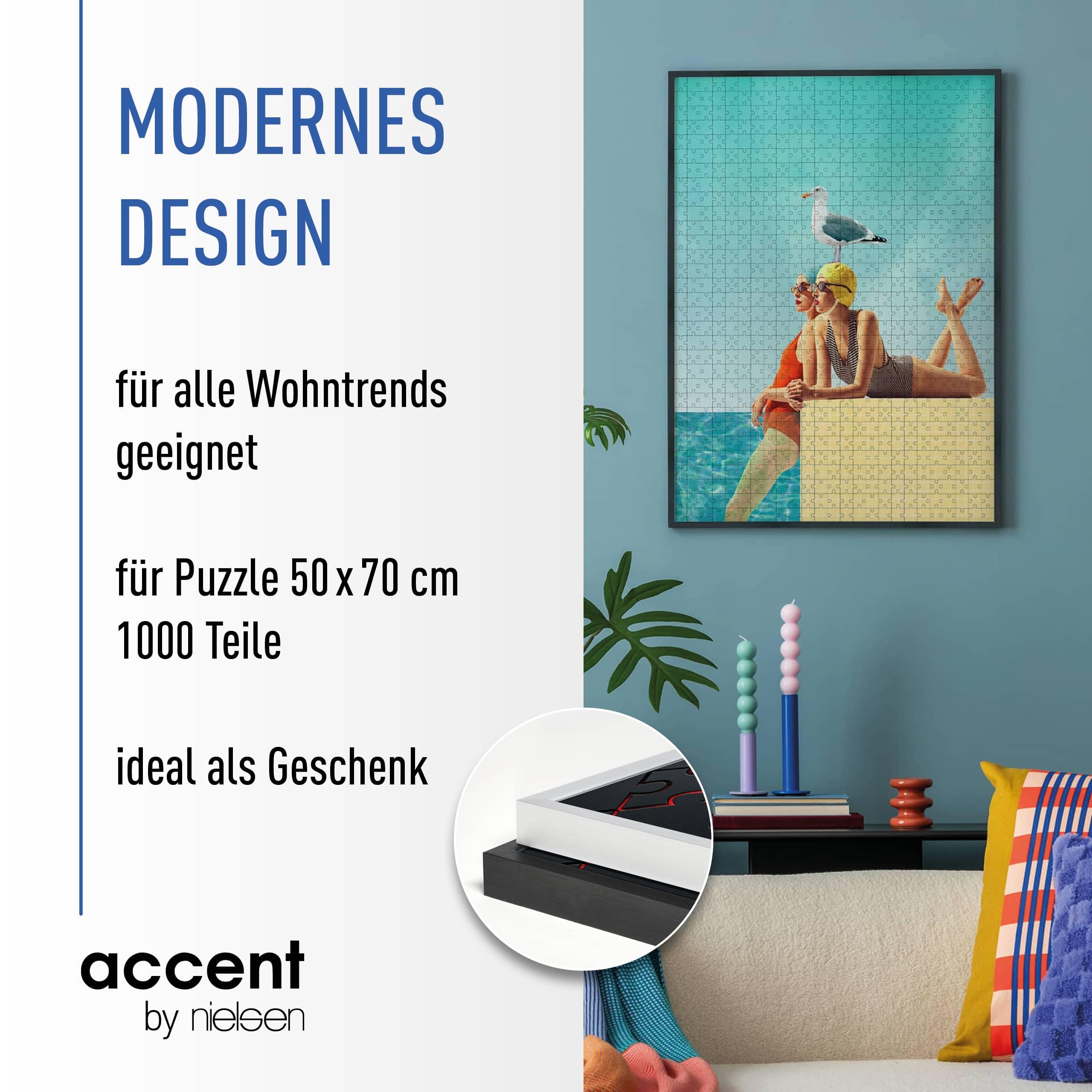 accent by nielsen Puzzlerahmen, 50 x 70 cm, Aluminium, Struktur Silber Matt, Posterrahmen zum Aufhängen im Hoch- & Querformat, bruchsicheres Kunstglas, Puzzle