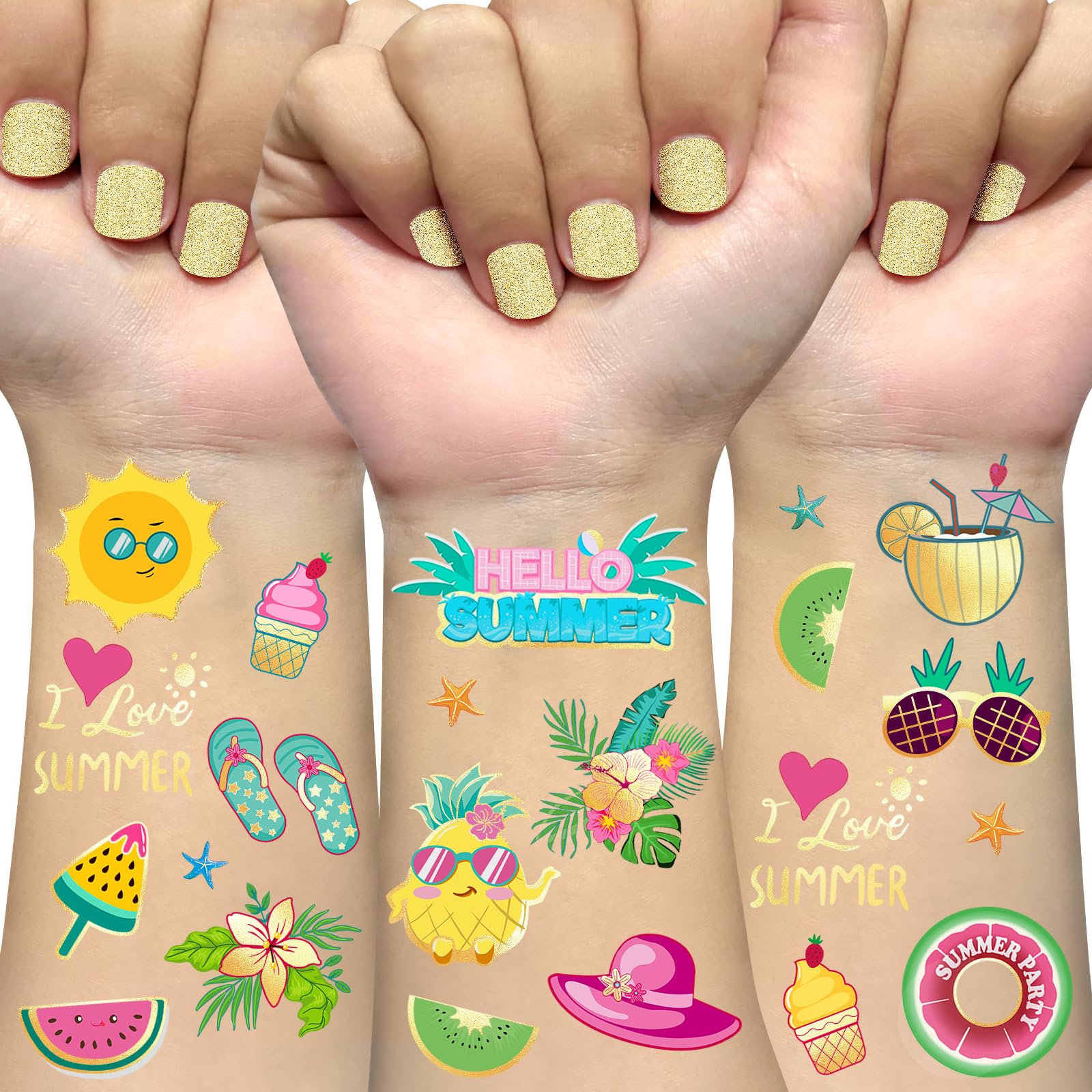 Ovasorve Summer Pool Party Temporary Tattoos for Kids, 44 Glitter Styles Hawaiian Luau Themed Tattoos, Tropical Beach Party Favors, Birthday Party