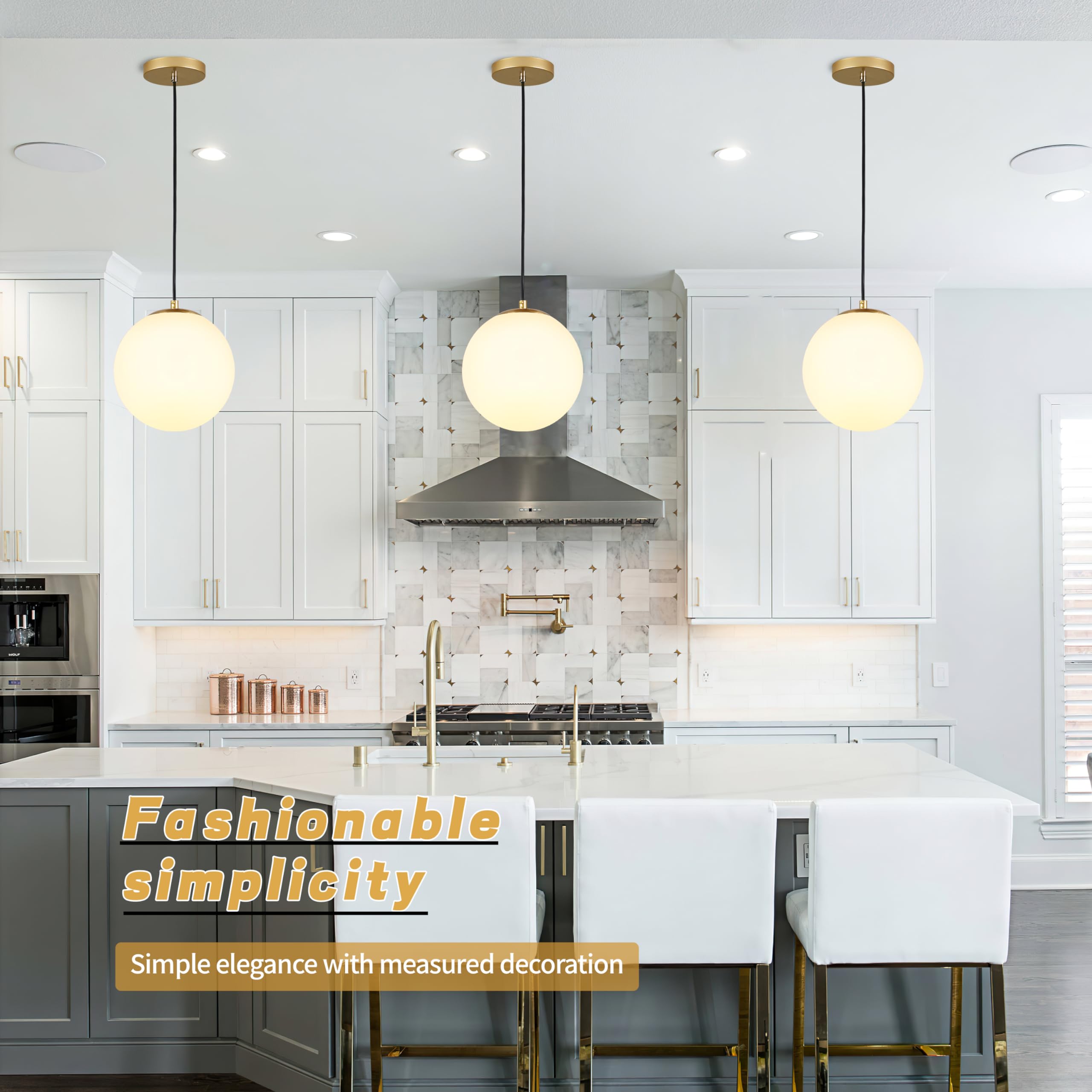 Modern Frosted Glass Pendant Light – White Globe, Gold E26 Socket, Hanging Ceiling Fixture For Kitchen Island - View #3