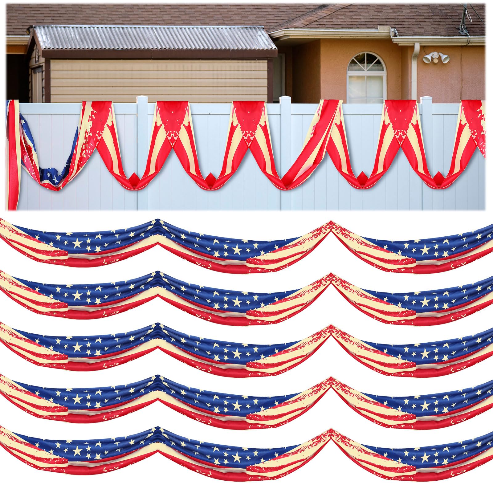 Photo 1 of Mixweer 6 Pcs Tea Stained Large American Flag Patriotic Bunting Banner with Grommets Red White and Blue US Flag Bunting Scarf 4th of July Independence Memorial Day Decorations, 20 ft x 20 Inches Each