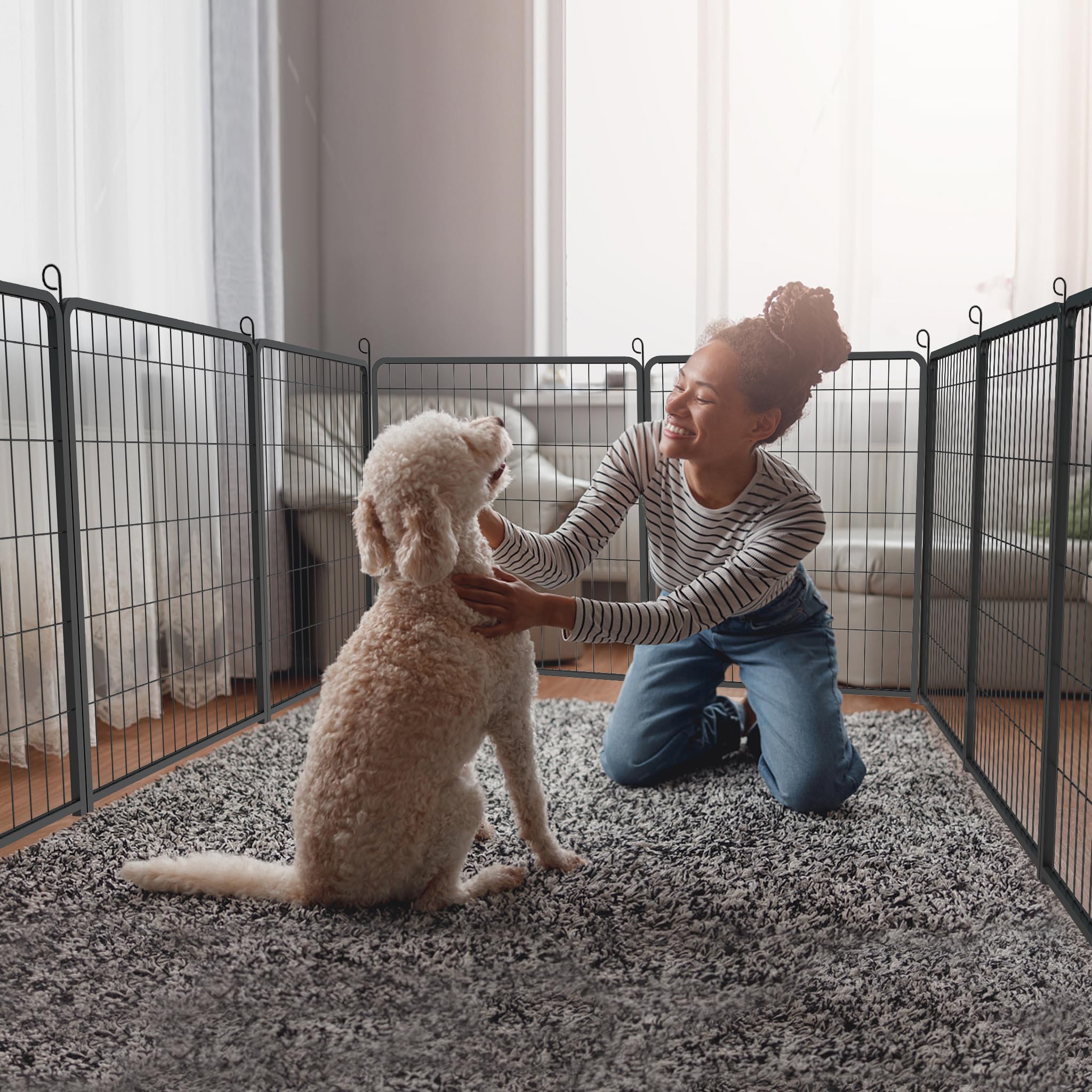 Aufun 6-Gitter Freilaufgehege Welpenauslauf faltbares Tierlaufstall, Automatische Verriegelung, Laufgitter Welpenfreigehege Hundegehege mit Tür für Hunde, Kaninchen, Kleintiere, Katze, je 80x80cm