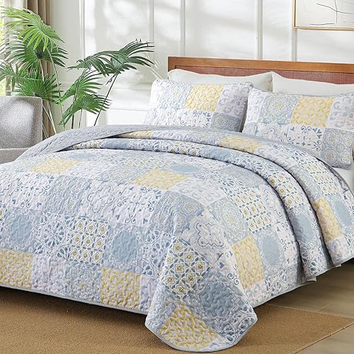 Dobuyly Queen Quilt Set 3 Pieces, Blue/Yellow/Grey Patchwork Bedspreads, Boho Summer Coverlet Set, Soft Lightweight Microfiber Bedding Set for All Seasons 96"x90"
