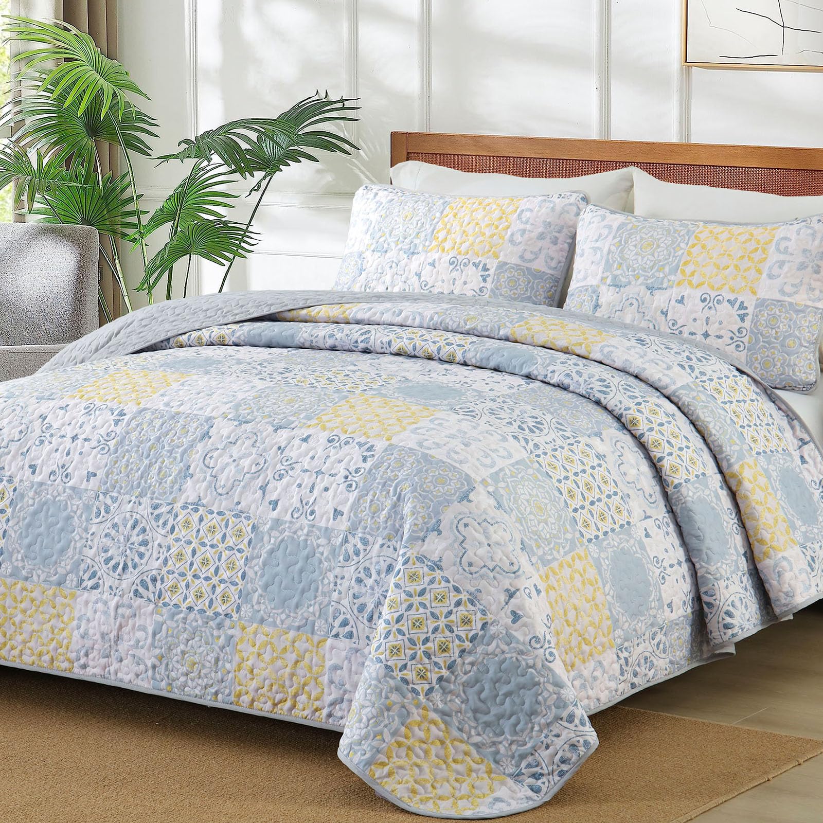 Dobuyly Full Size Quilt Set 3 Pieces, Blue/Yellow/Grey Patchwork Bedspreads