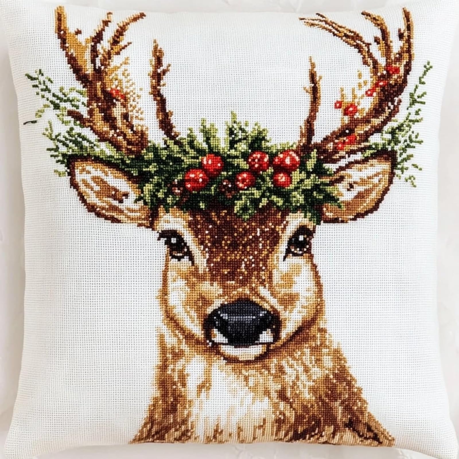 WallustrioaW Embroidery kit Cross Stitch Cushion kit,Deer Wearing a Flower Wreath,Cross Stitch Pillow Tapestry Cross Stitch,Home Decor Gifts,45x45cm