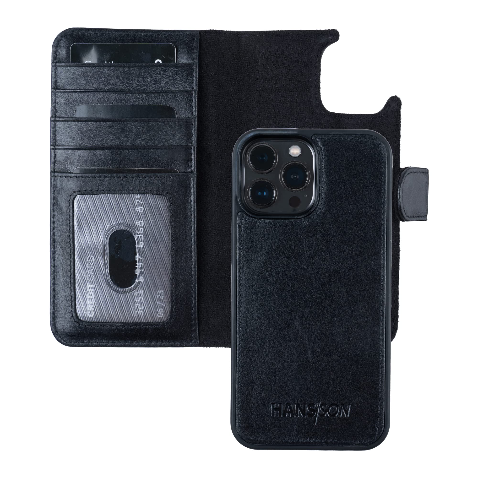 HANS/SON Custodia in vera pelle per iPhone 12 Pro Max, con chiusura magnetica, carte di credito e scomparto rimovibile (nero)