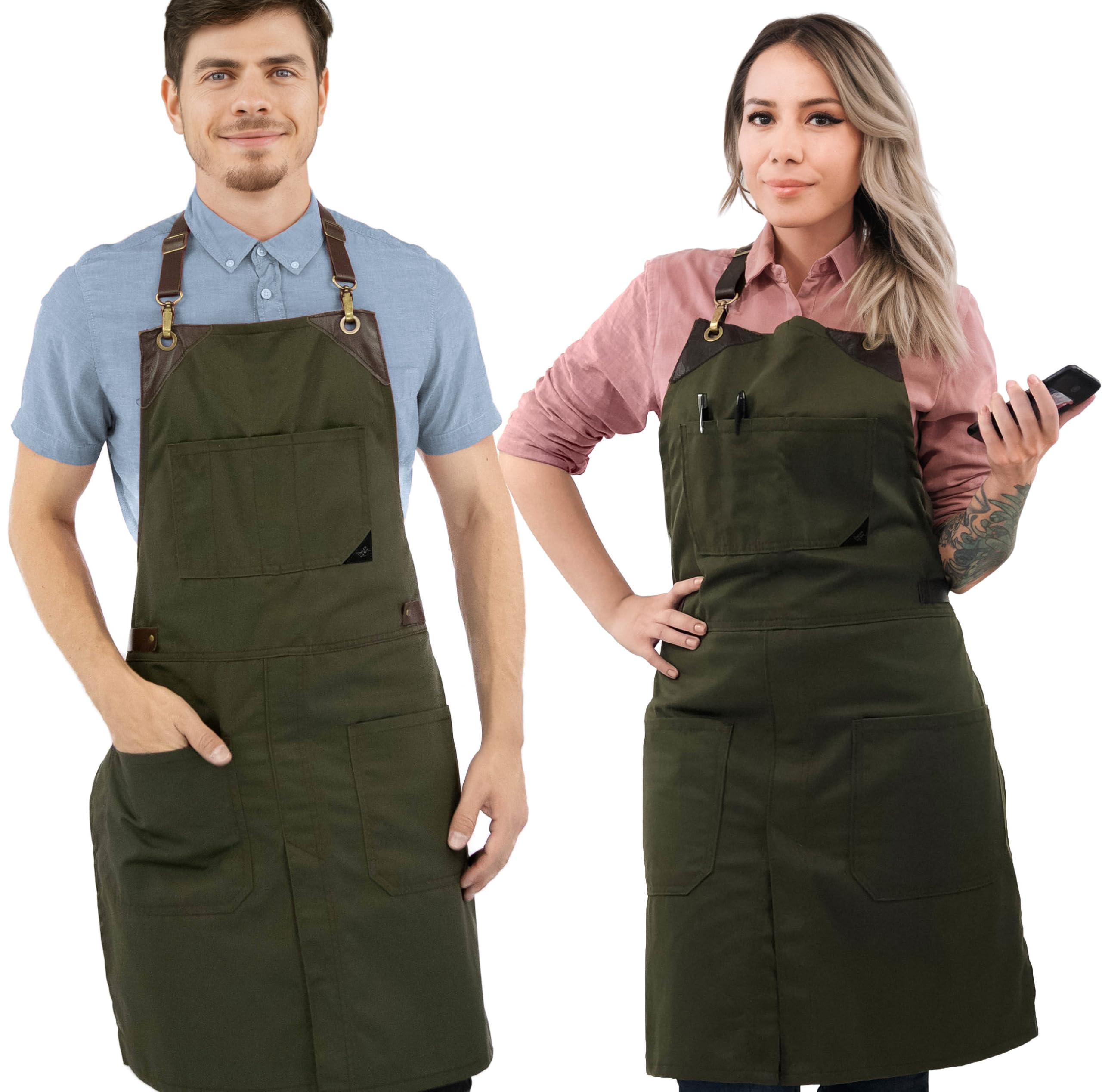 Under NY Sky Delantal con Correas de Cuero sin Amarras - Sarga Verde Profesional - Multi Bolsillos - Ajustable, Hombre, Mujeres, Chef, Barista, Barbero, Barman, Peluquero, Restaurante, Tienda, Cocina