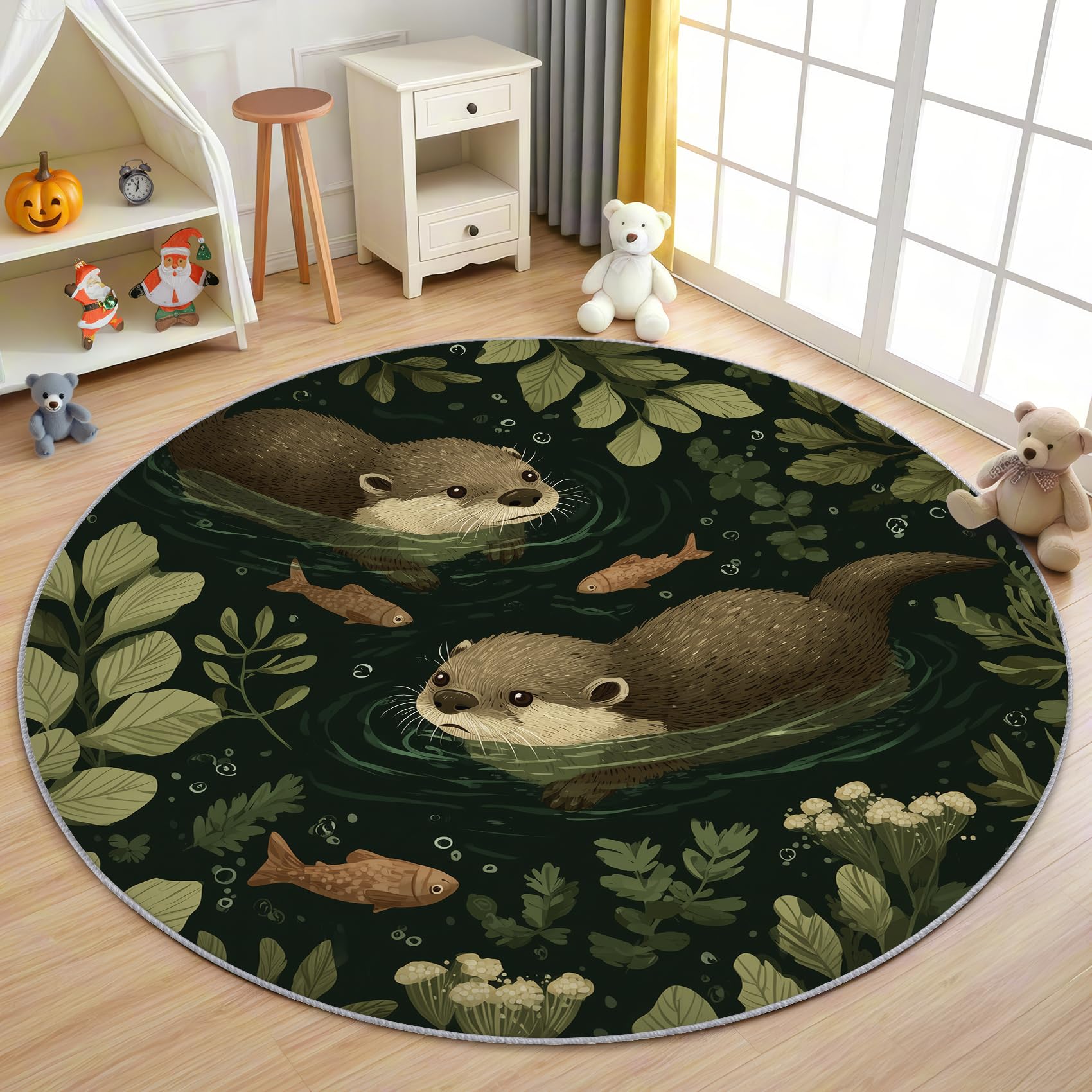 Otter Teppich Rund 120cm Kurzflor - Waschbare Teppiche Wohnzimmer Süße Otter Fisch Kinder Tier - Runder Teppich 120 Durchmesser Kinderzimmer - Bettvorleger rutschfest Weich
