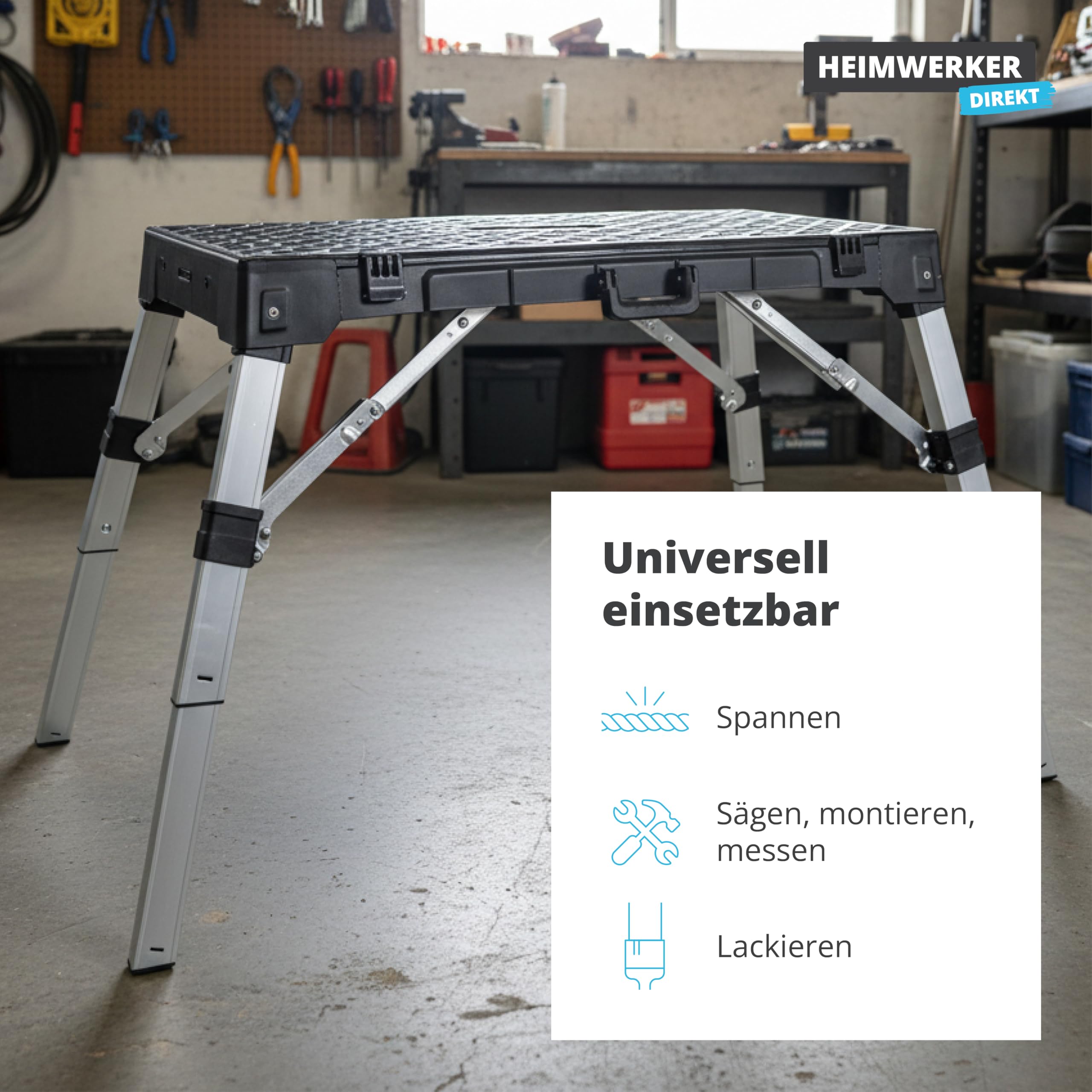 Alfa Universal-Werkbank 4 in 1 – Rollbrett/Werktisch mit 85 cm Arbeitshöhe | Profi-Qualität – Mit Ablagefächern und wendbarer Arbeitsplatte – Höhenverstellbare Werkzeugbank