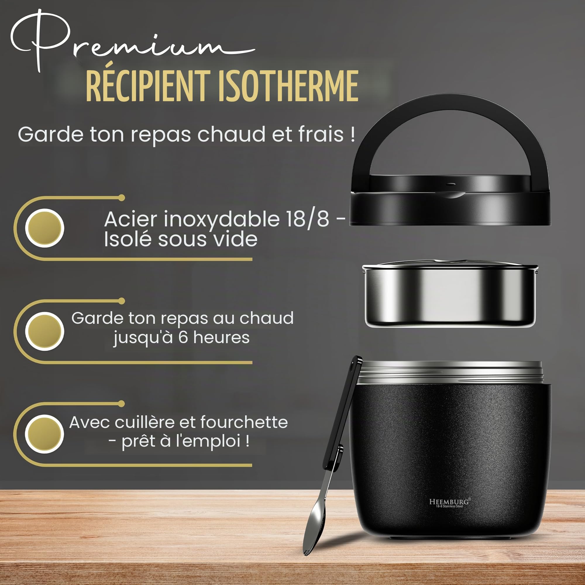 HEEMBURG Henkelmann - Récipient thermique pour aliments - 1 l - En acier inoxydable - Double paroi isolée - Pour repas, soupe, déjeuner, aliments pour bébé - Pour bureau, travail, déplacements