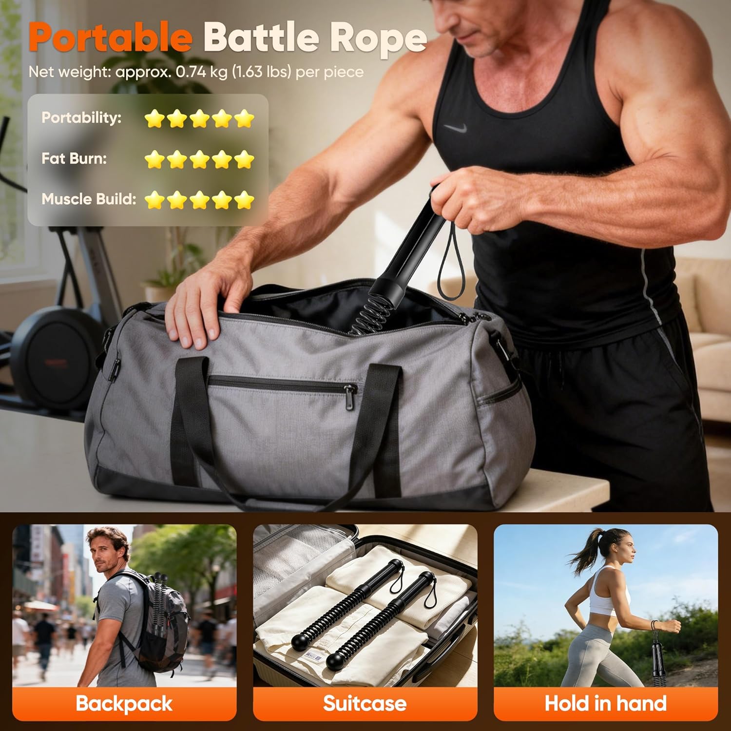 Weighted Ropeless Battle Ropes, Heavy Duty Portable Cordless Battle Rope for Home Gym with Poster, Cordless Battle Rope with Storage Bag for Strength Training, Fitness Equipment for Men & Women(Black)